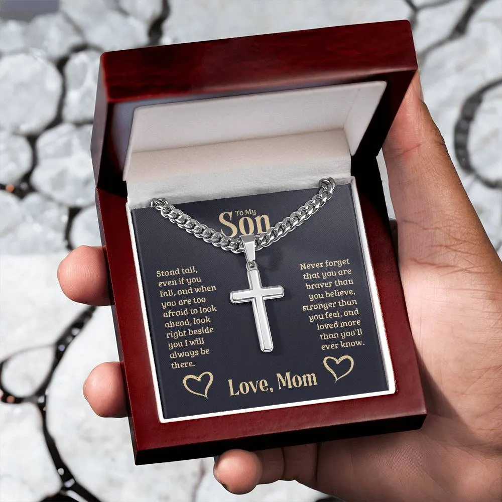 Personalized To My Son Cross Necklace from Mom, Stand Tall, If You Fall, I'll Always be There