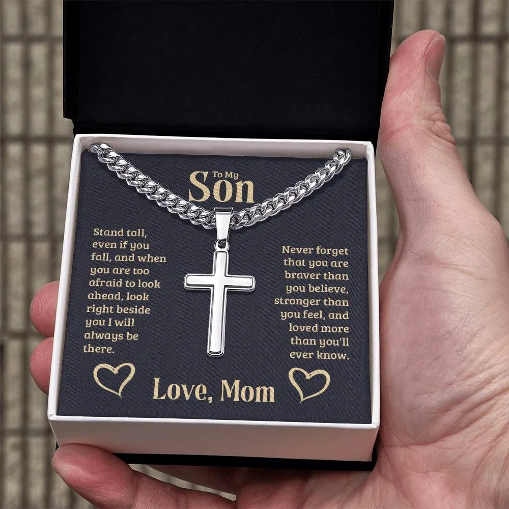 Personalized To My Son Cross Necklace from Mom, Stand Tall, If You Fall, I'll Always be There