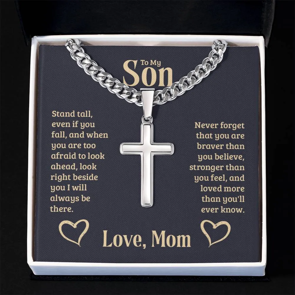 Personalized To My Son Cross Necklace from Mom, Stand Tall, If You Fall, I'll Always be There