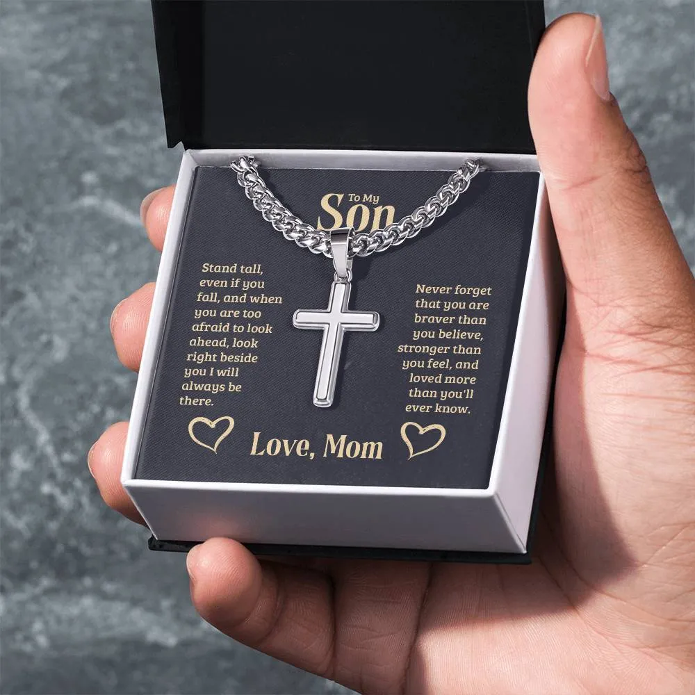 Personalized To My Son Cross Necklace from Mom, Stand Tall, If You Fall, I'll Always be There