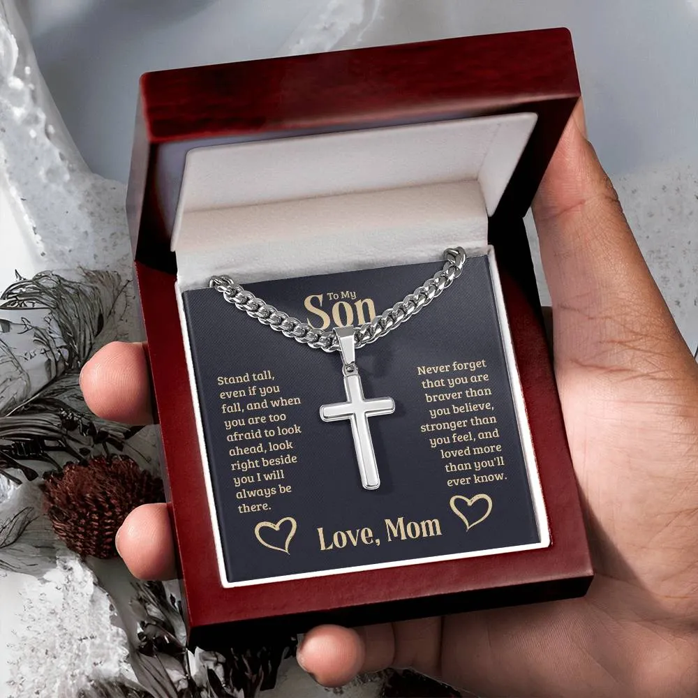 Personalized To My Son Cross Necklace from Mom, Stand Tall, If You Fall, I'll Always be There