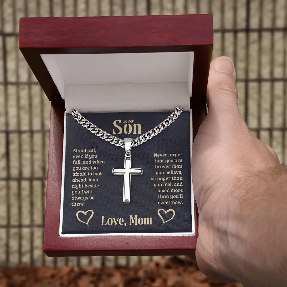 Personalized To My Son Cross Necklace from Mom, Stand Tall, If You Fall, I'll Always be There