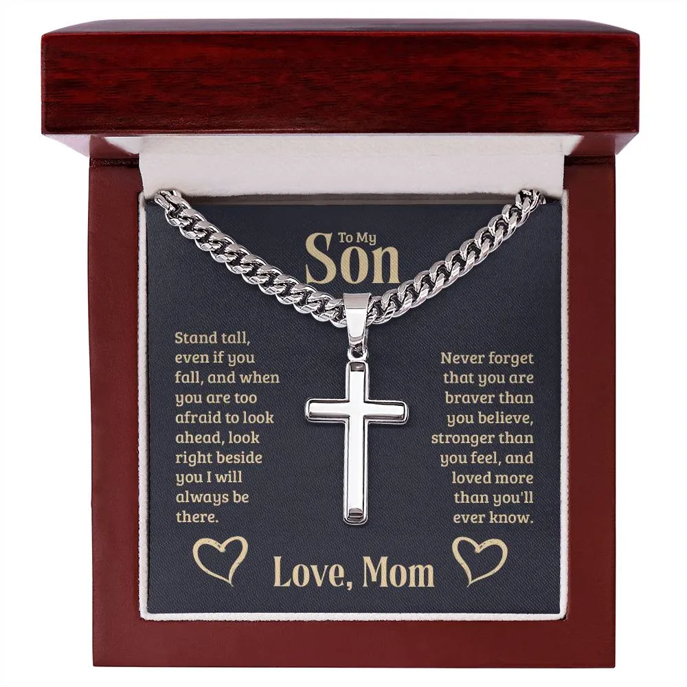 Personalized To My Son Cross Necklace from Mom, Stand Tall, If You Fall, I'll Always be There
