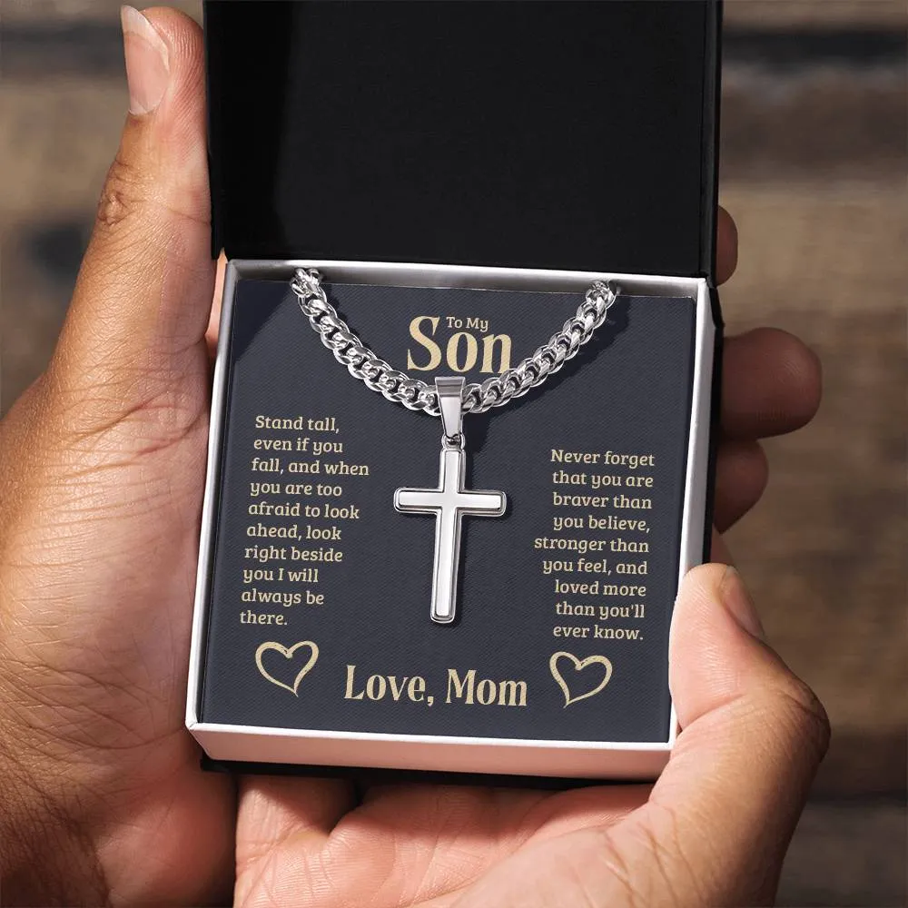 Personalized To My Son Cross Necklace from Mom, Stand Tall, If You Fall, I'll Always be There