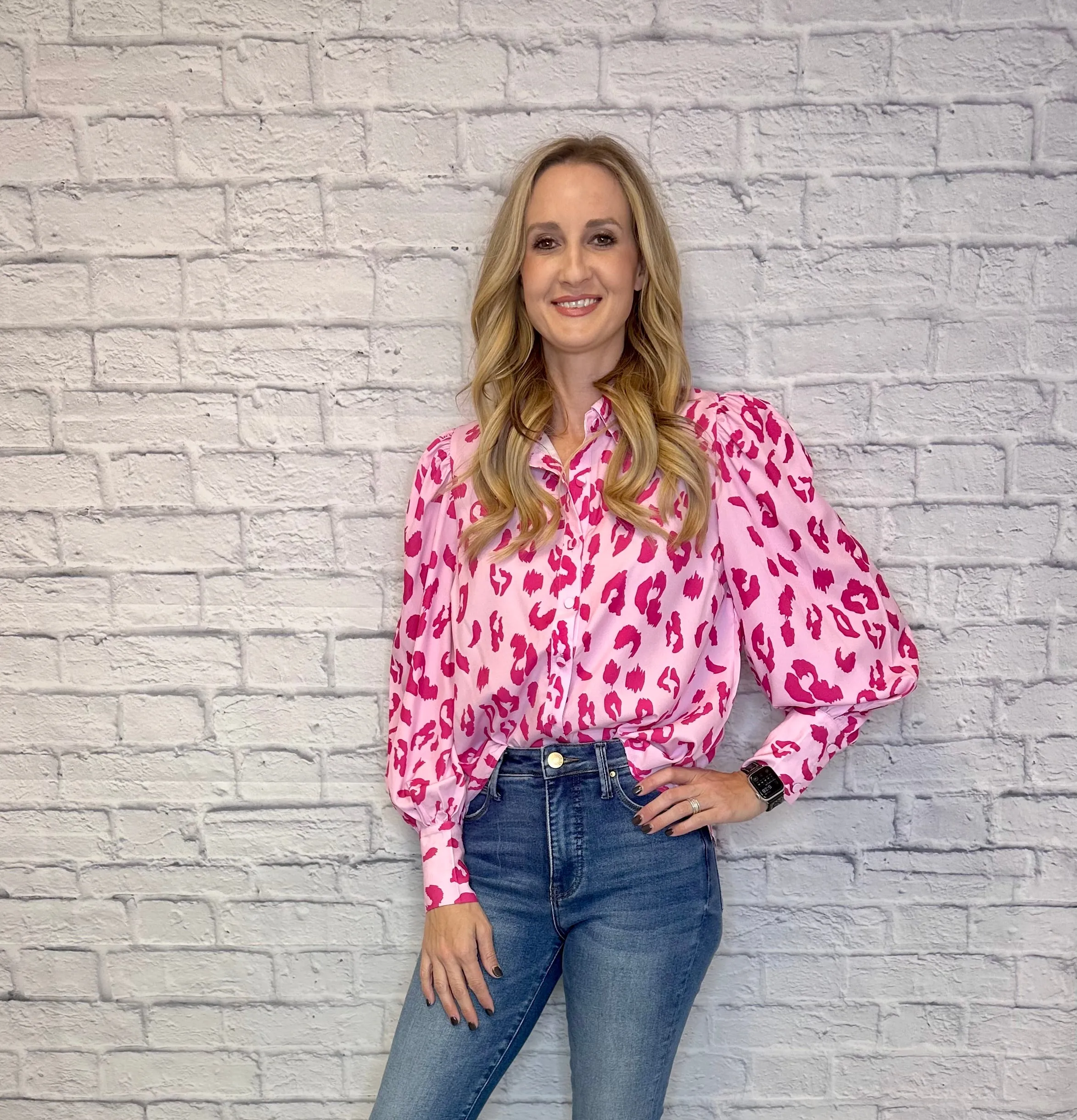 Pink Leopard Collared Button Down Boxy Cut Long Sleeve Top