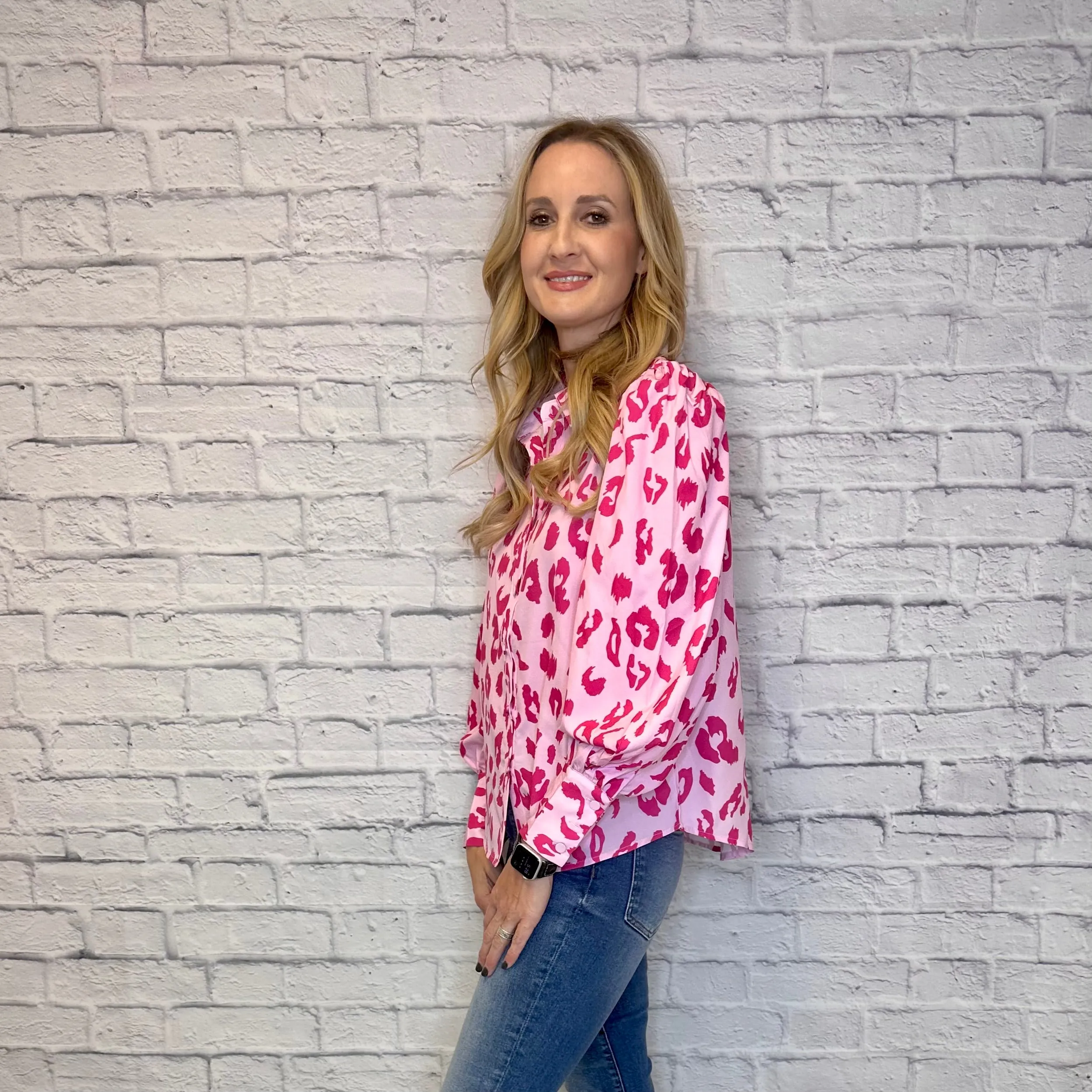 Pink Leopard Collared Button Down Boxy Cut Long Sleeve Top
