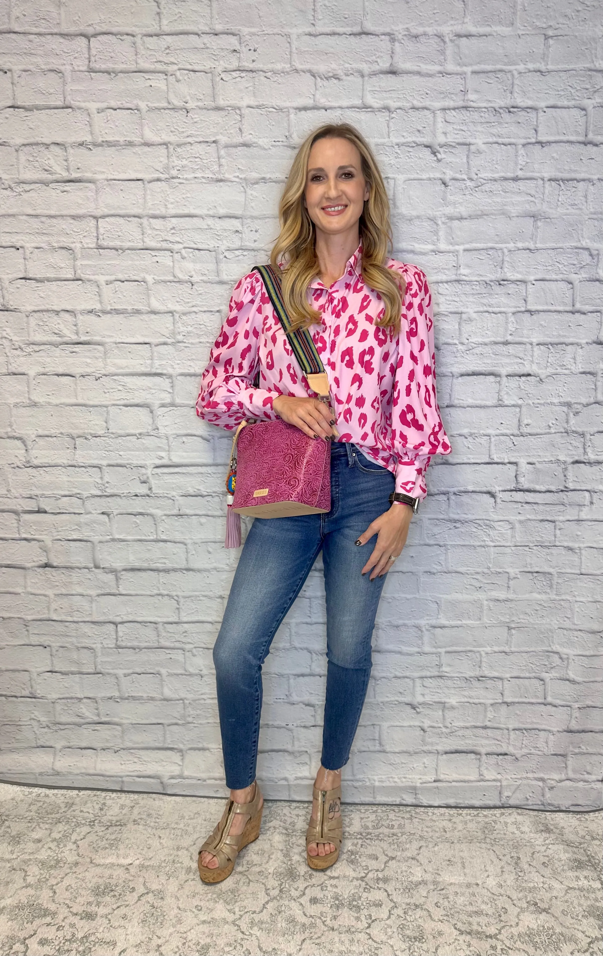 Pink Leopard Collared Button Down Boxy Cut Long Sleeve Top
