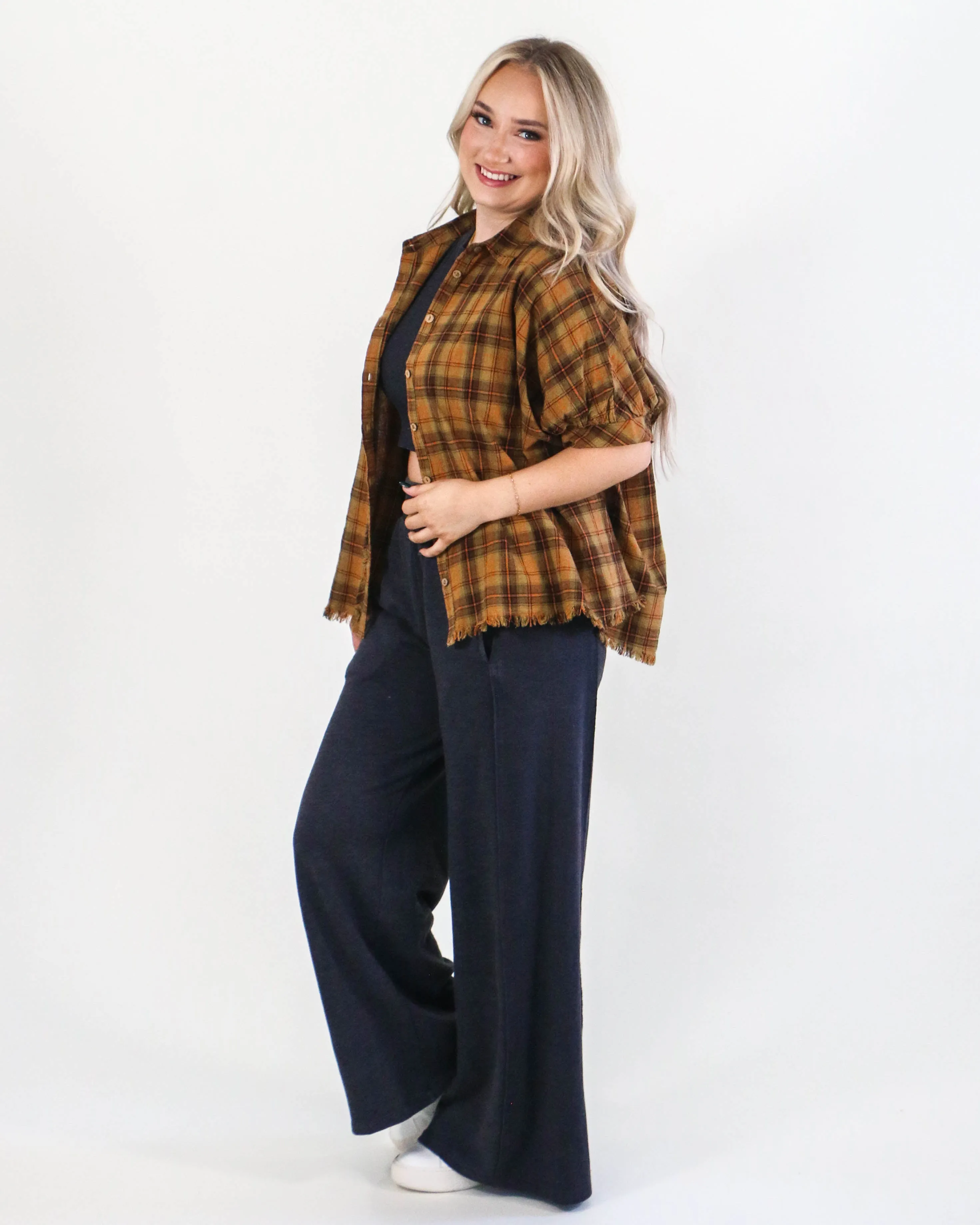 Plaid Collared Button Down Top in Mustard