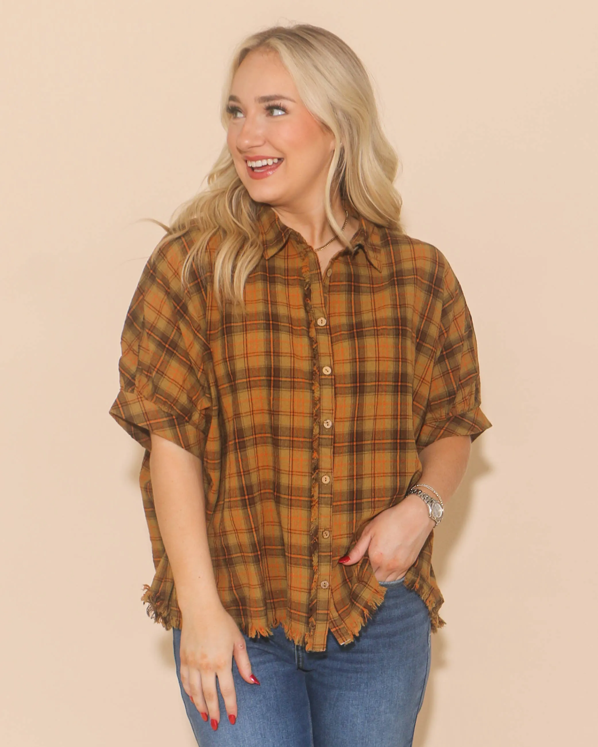 Plaid Collared Button Down Top in Mustard