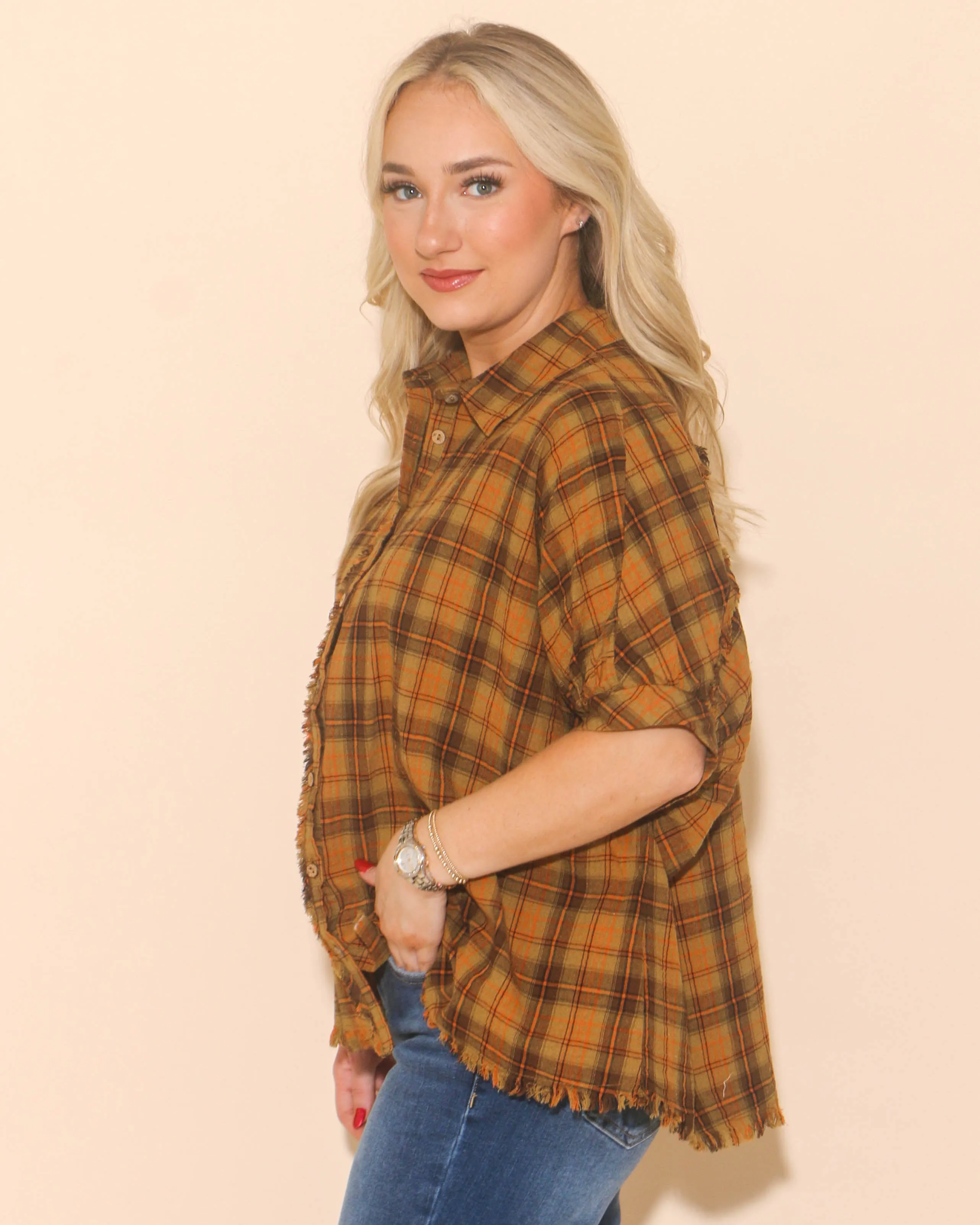 Plaid Collared Button Down Top in Mustard