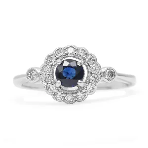 Platinum Diamond & Sapphire Cluster Ring With Diamond Shoulders