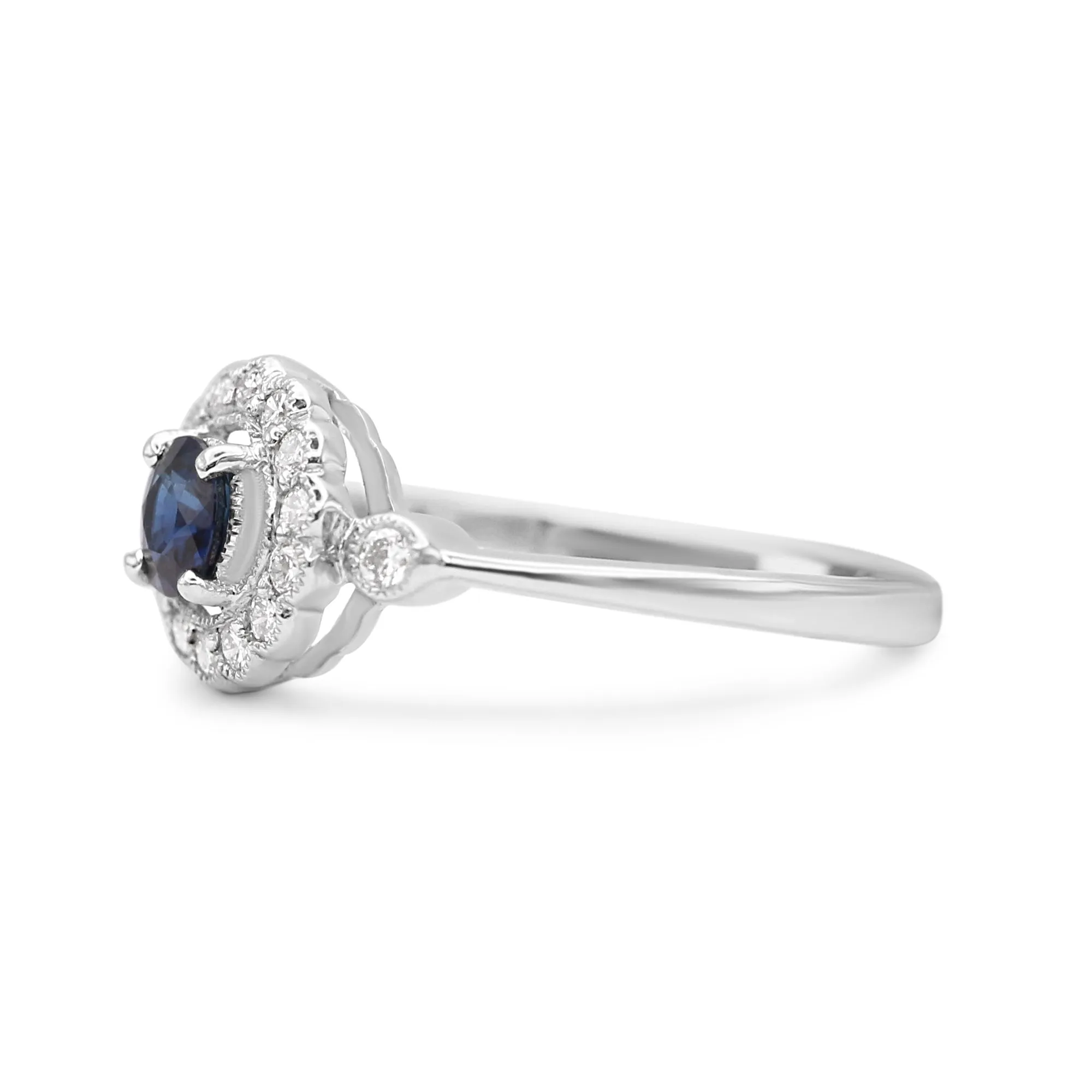 Platinum Diamond & Sapphire Cluster Ring With Diamond Shoulders