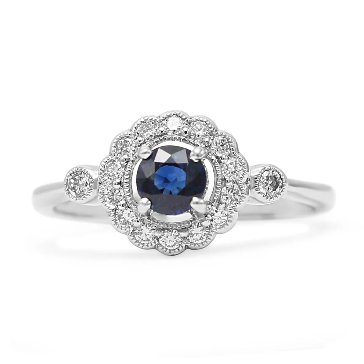 Platinum Diamond & Sapphire Cluster Ring With Diamond Shoulders