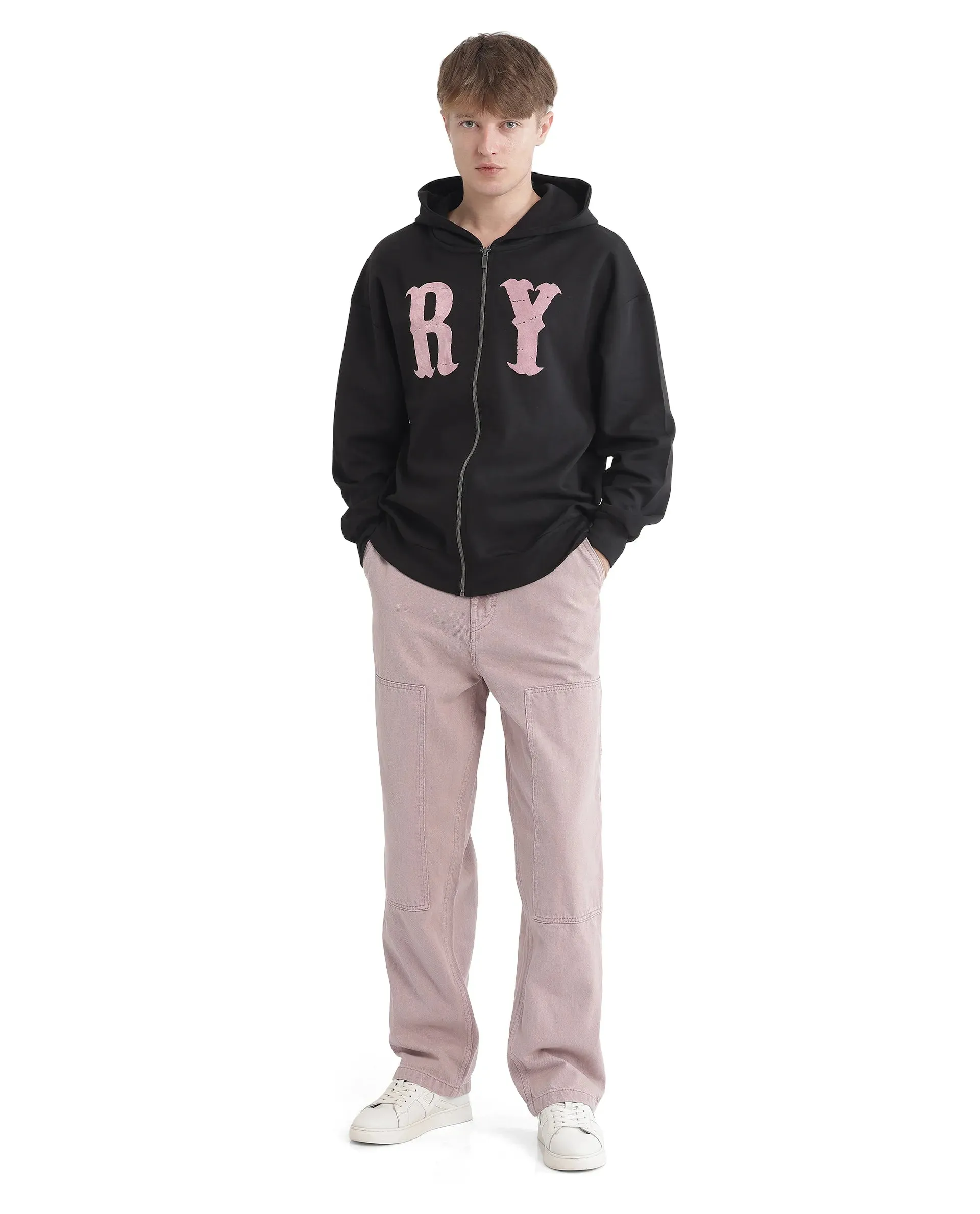 Rare Rabbit Men Con Black Cotton Blend Fabric Full Sleeve Boxy Fit Printed Sweatshirt
