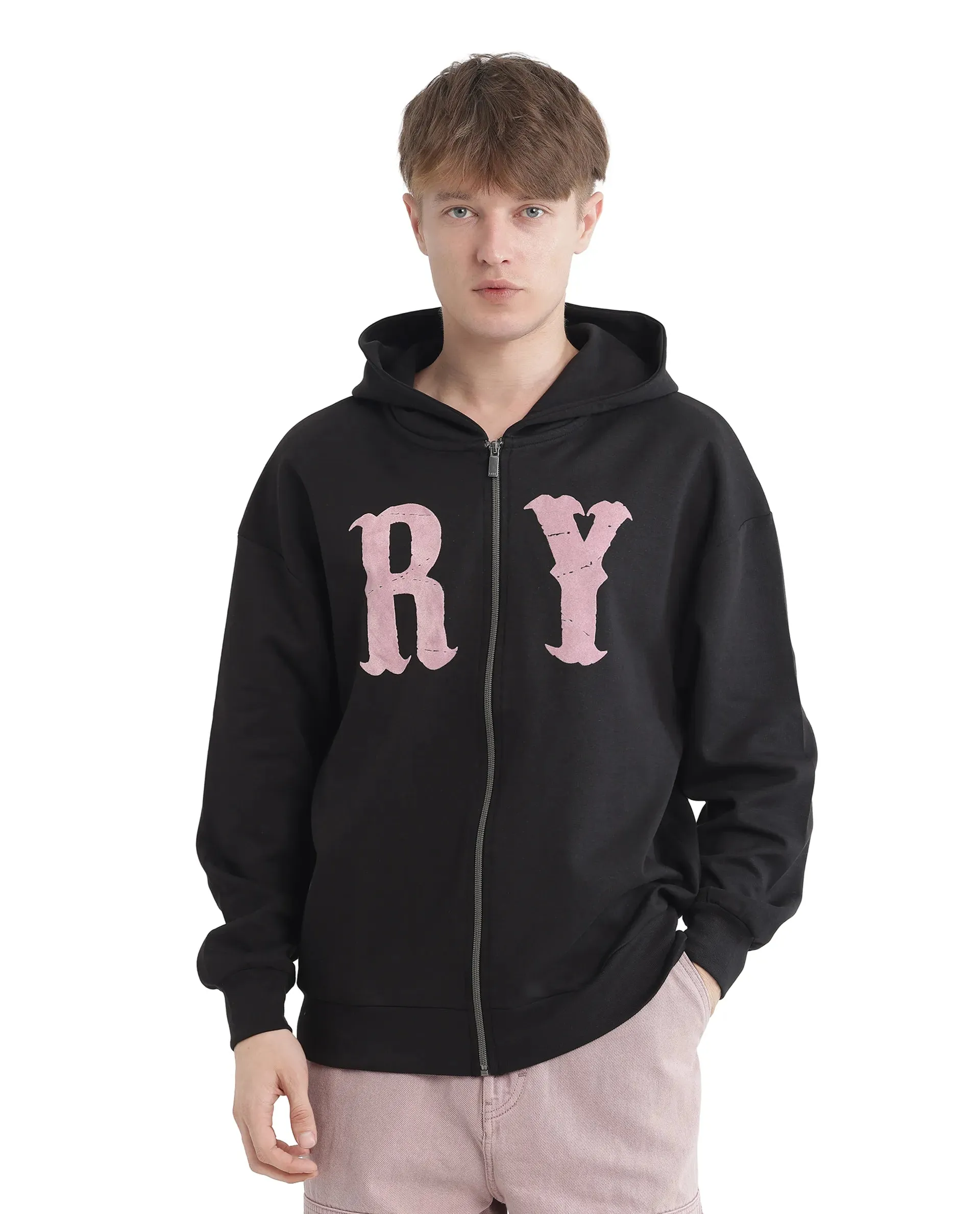 Rare Rabbit Men Con Black Cotton Blend Fabric Full Sleeve Boxy Fit Printed Sweatshirt