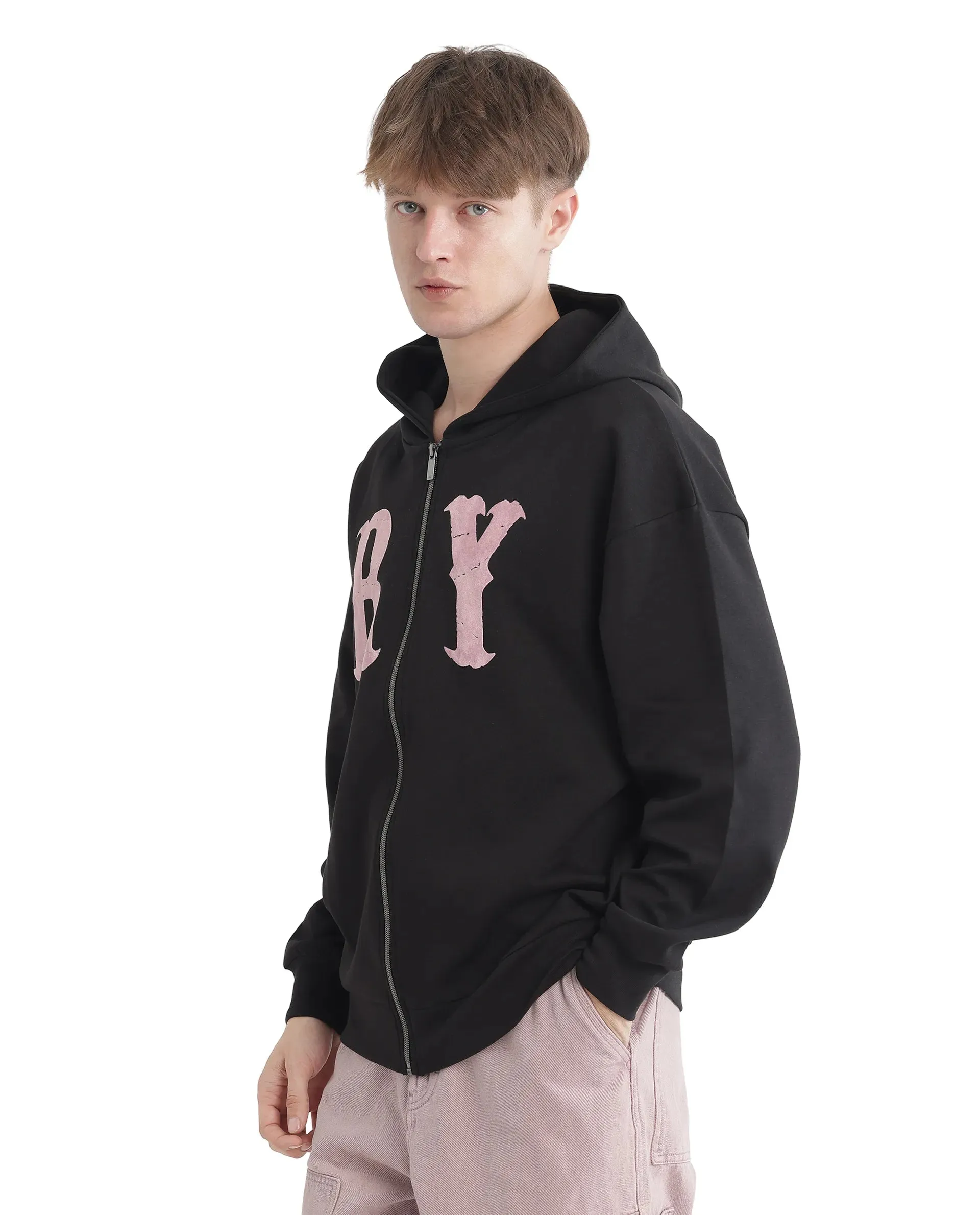 Rare Rabbit Men Con Black Cotton Blend Fabric Full Sleeve Boxy Fit Printed Sweatshirt