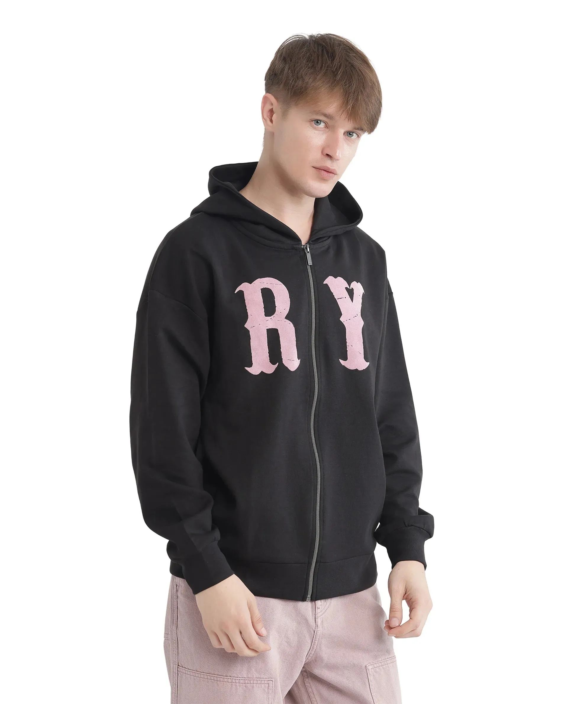 Rare Rabbit Men Con Black Cotton Blend Fabric Full Sleeve Boxy Fit Printed Sweatshirt