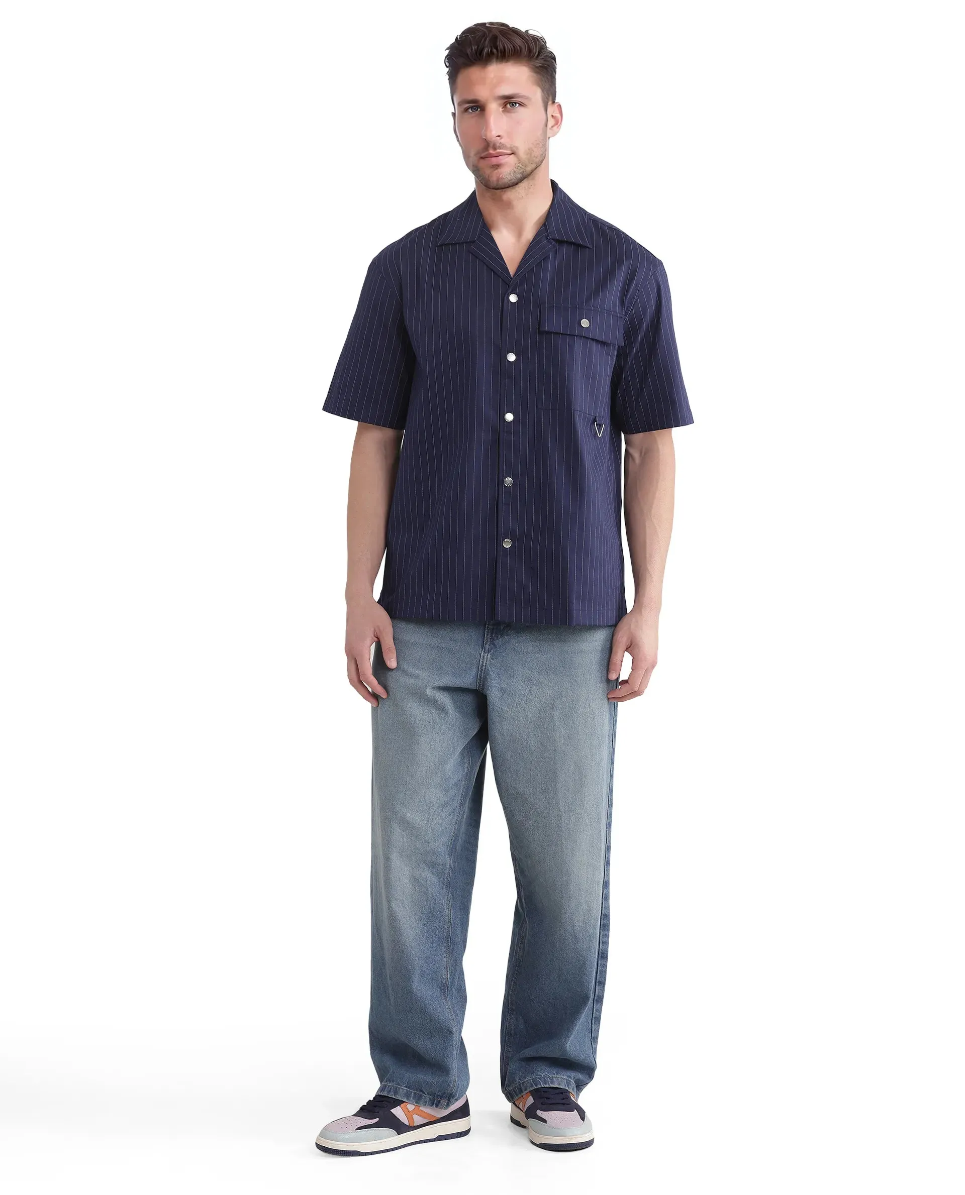 Rare Rabbit Men Haba Navy Cotton Poly Fabric Short Sleeve Cuban Collar Snap Button Closure Boxy Fit Stripe Shirt