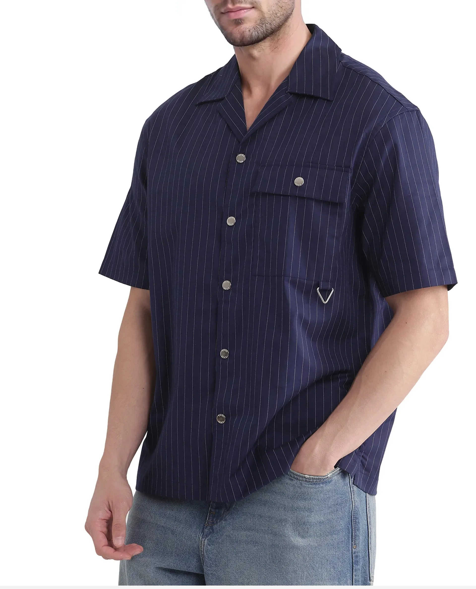 Rare Rabbit Men Haba Navy Cotton Poly Fabric Short Sleeve Cuban Collar Snap Button Closure Boxy Fit Stripe Shirt