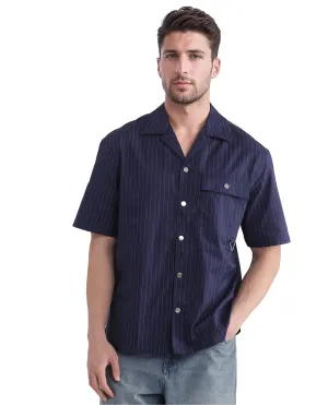 Rare Rabbit Men Haba Navy Cotton Poly Fabric Short Sleeve Cuban Collar Snap Button Closure Boxy Fit Stripe Shirt