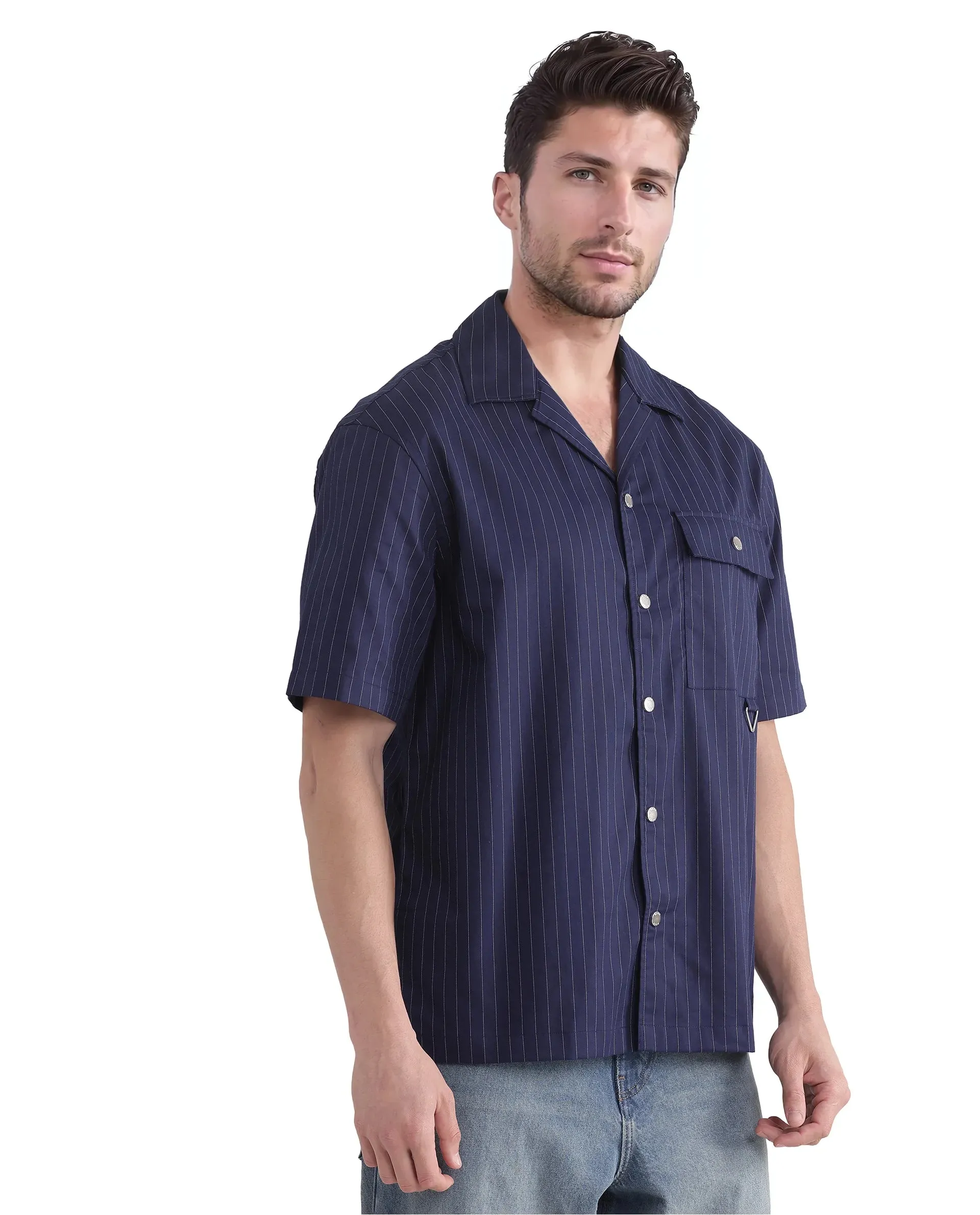 Rare Rabbit Men Haba Navy Cotton Poly Fabric Short Sleeve Cuban Collar Snap Button Closure Boxy Fit Stripe Shirt