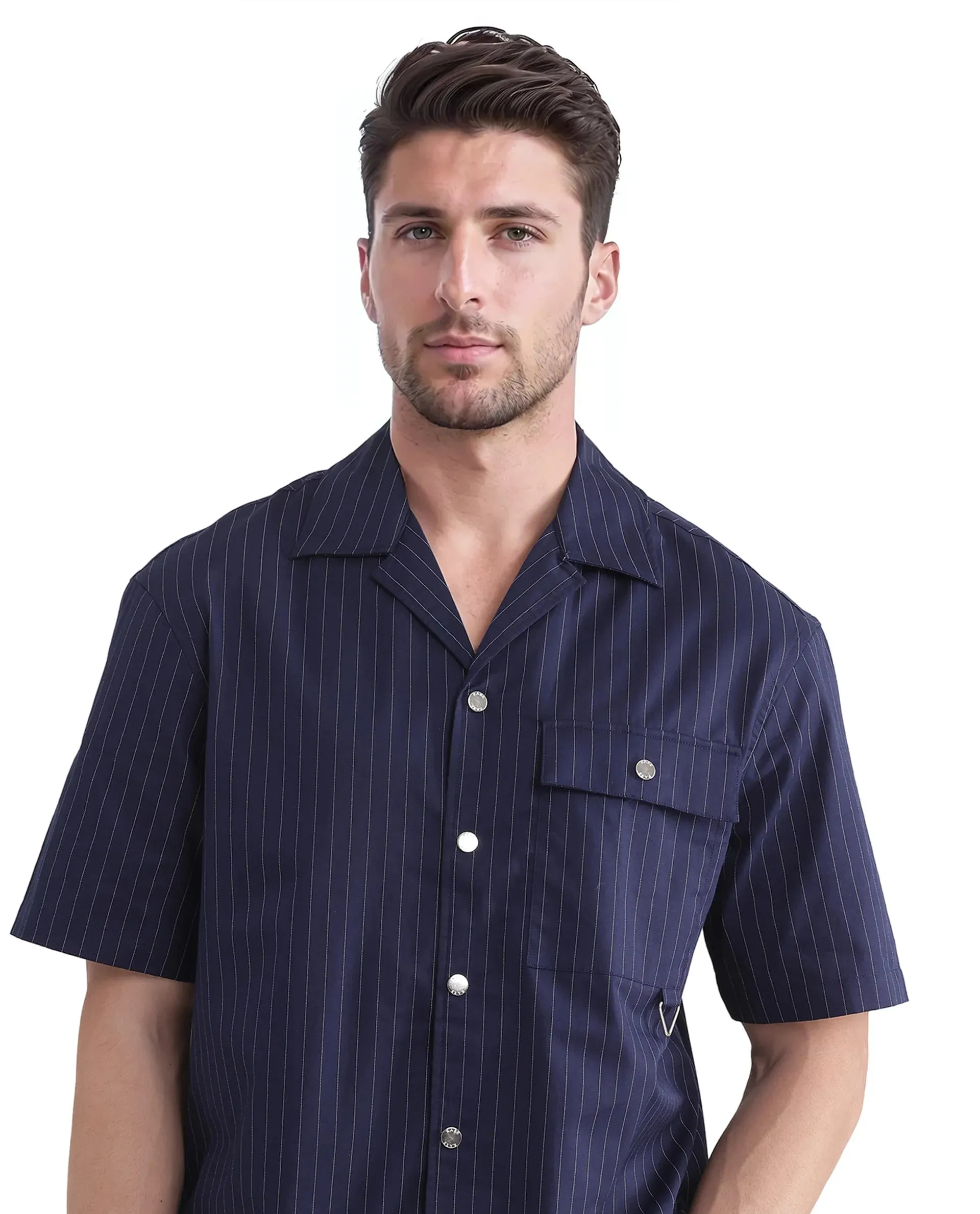 Rare Rabbit Men Haba Navy Cotton Poly Fabric Short Sleeve Cuban Collar Snap Button Closure Boxy Fit Stripe Shirt