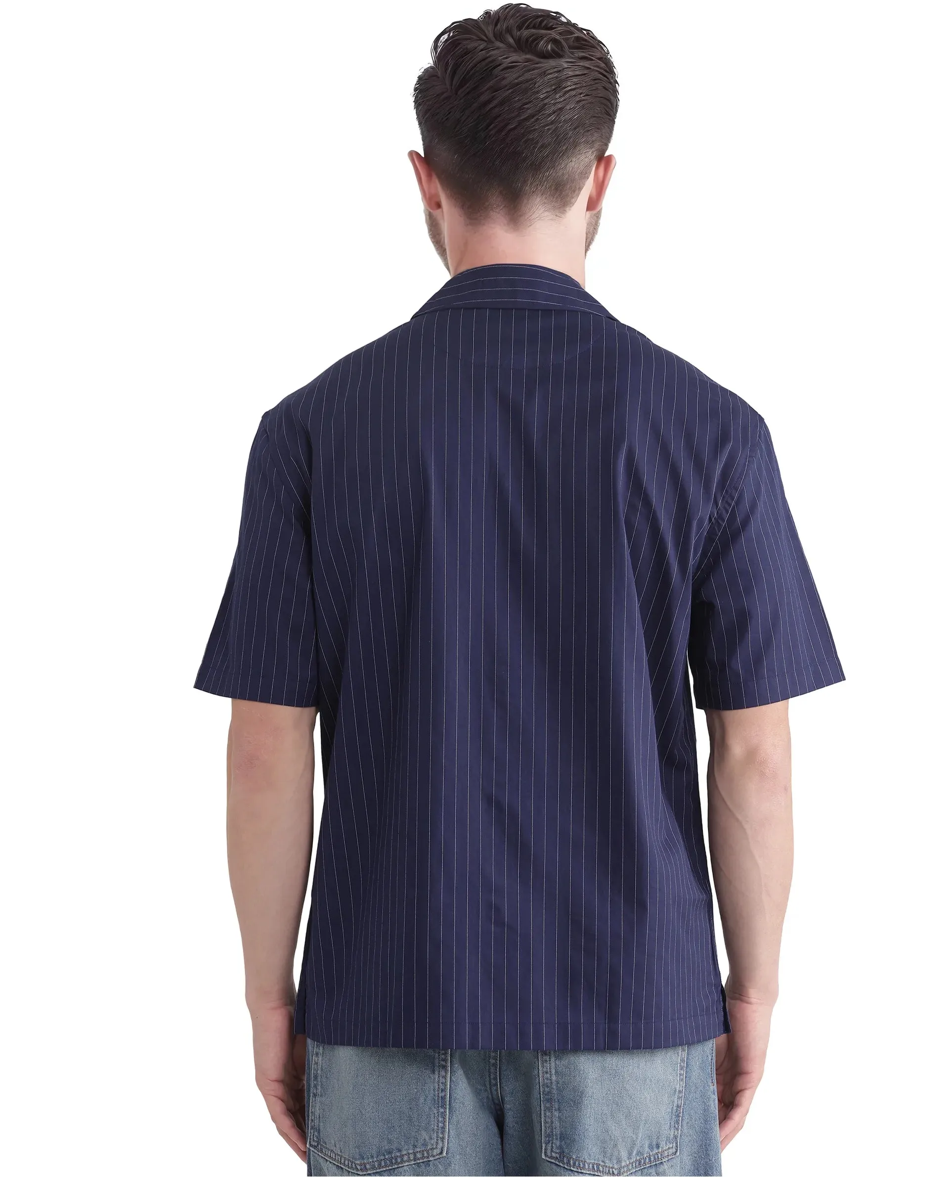 Rare Rabbit Men Haba Navy Cotton Poly Fabric Short Sleeve Cuban Collar Snap Button Closure Boxy Fit Stripe Shirt