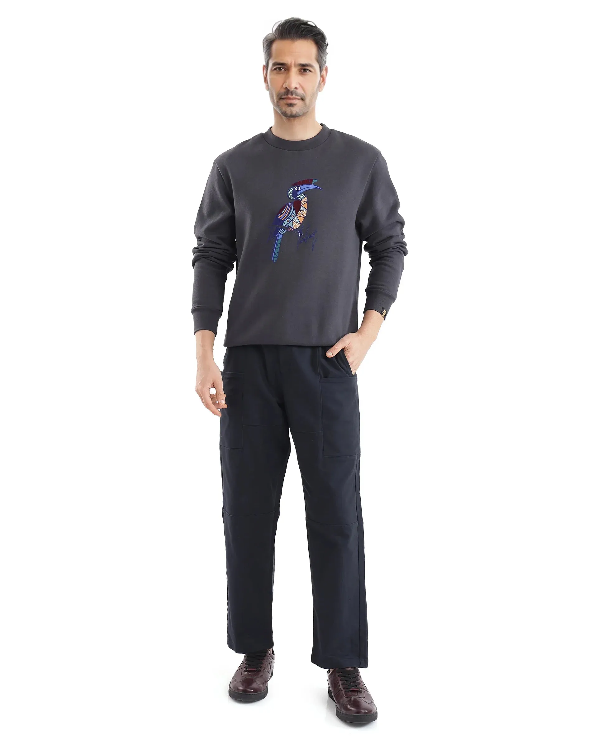 Rare Rabbit Men Nantes Dark Grey Full Sleeve Crew Neck Boxy Fit Printed Sweatshirt