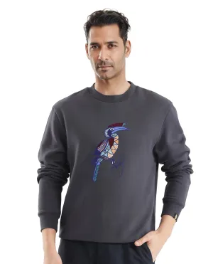 Rare Rabbit Men Nantes Dark Grey Full Sleeve Crew Neck Boxy Fit Printed Sweatshirt
