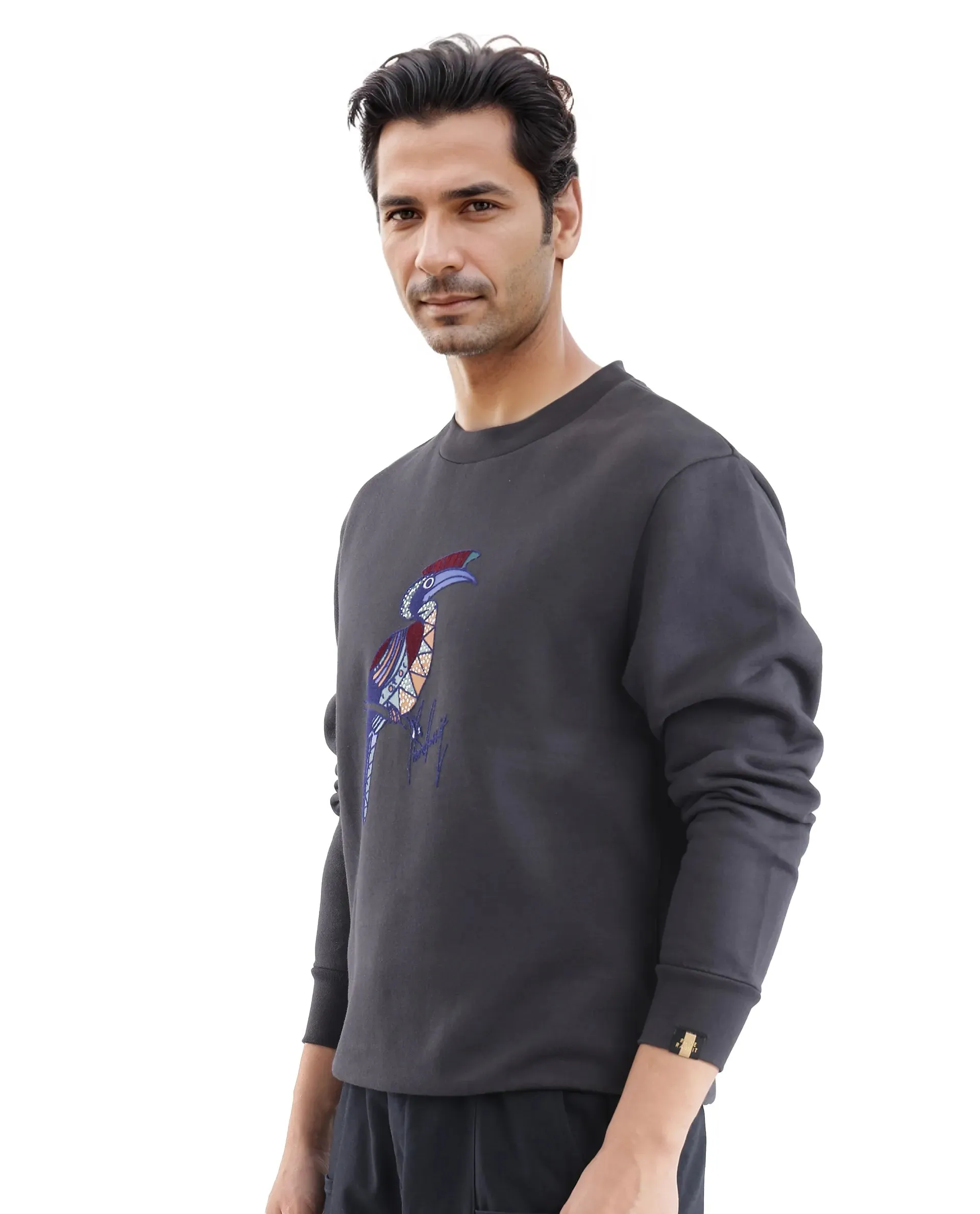 Rare Rabbit Men Nantes Dark Grey Full Sleeve Crew Neck Boxy Fit Printed Sweatshirt