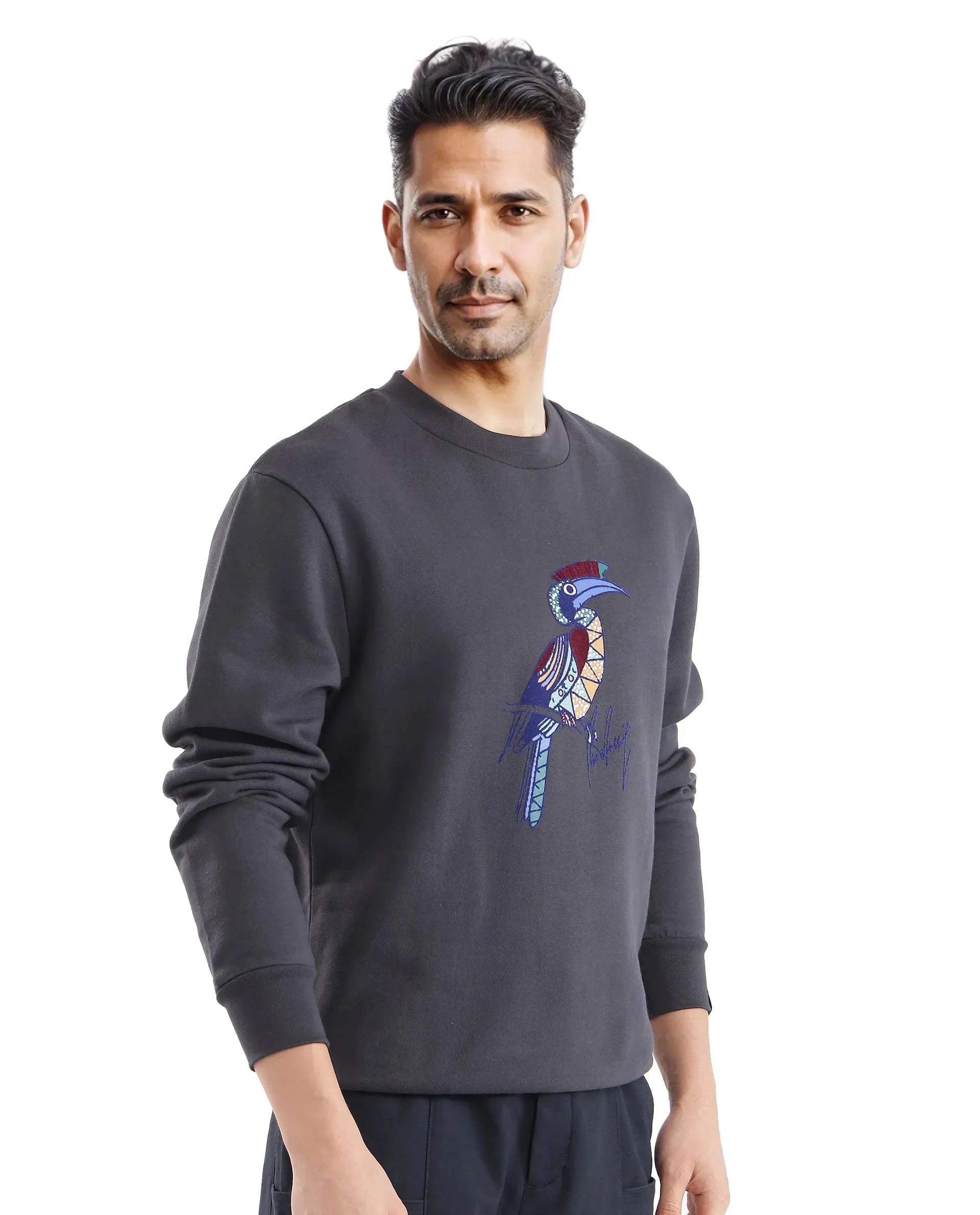 Rare Rabbit Men Nantes Dark Grey Full Sleeve Crew Neck Boxy Fit Printed Sweatshirt