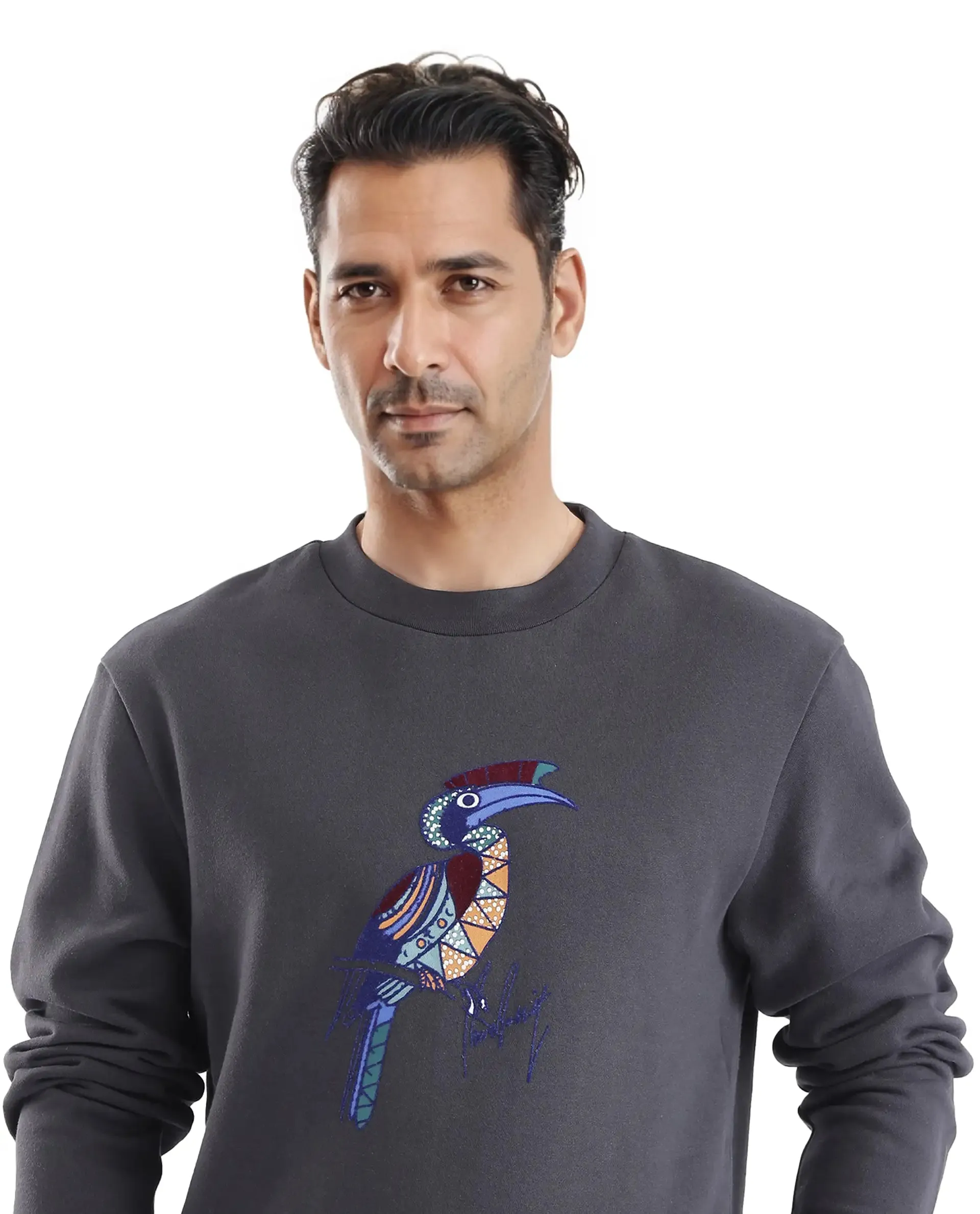 Rare Rabbit Men Nantes Dark Grey Full Sleeve Crew Neck Boxy Fit Printed Sweatshirt