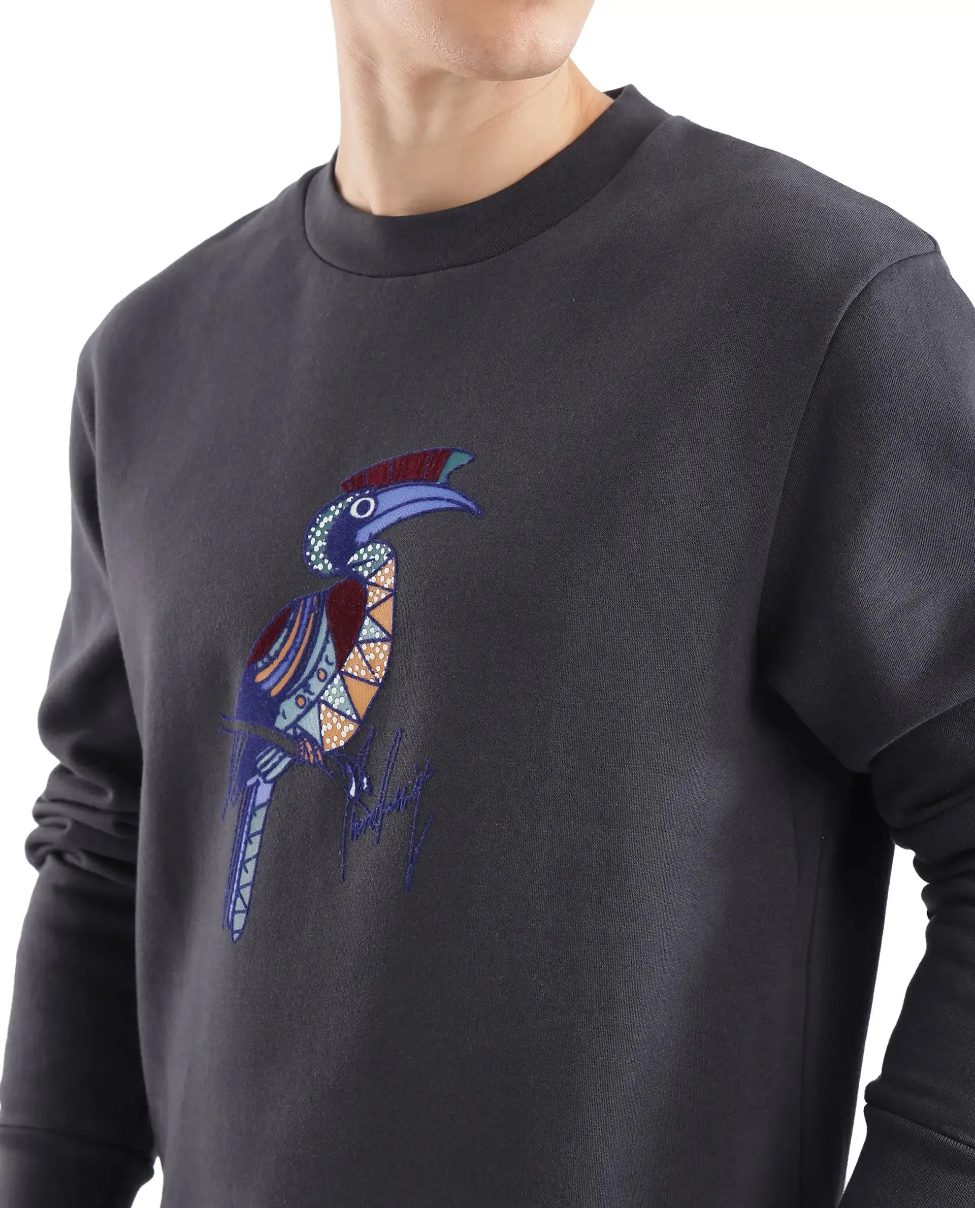 Rare Rabbit Men Nantes Dark Grey Full Sleeve Crew Neck Boxy Fit Printed Sweatshirt