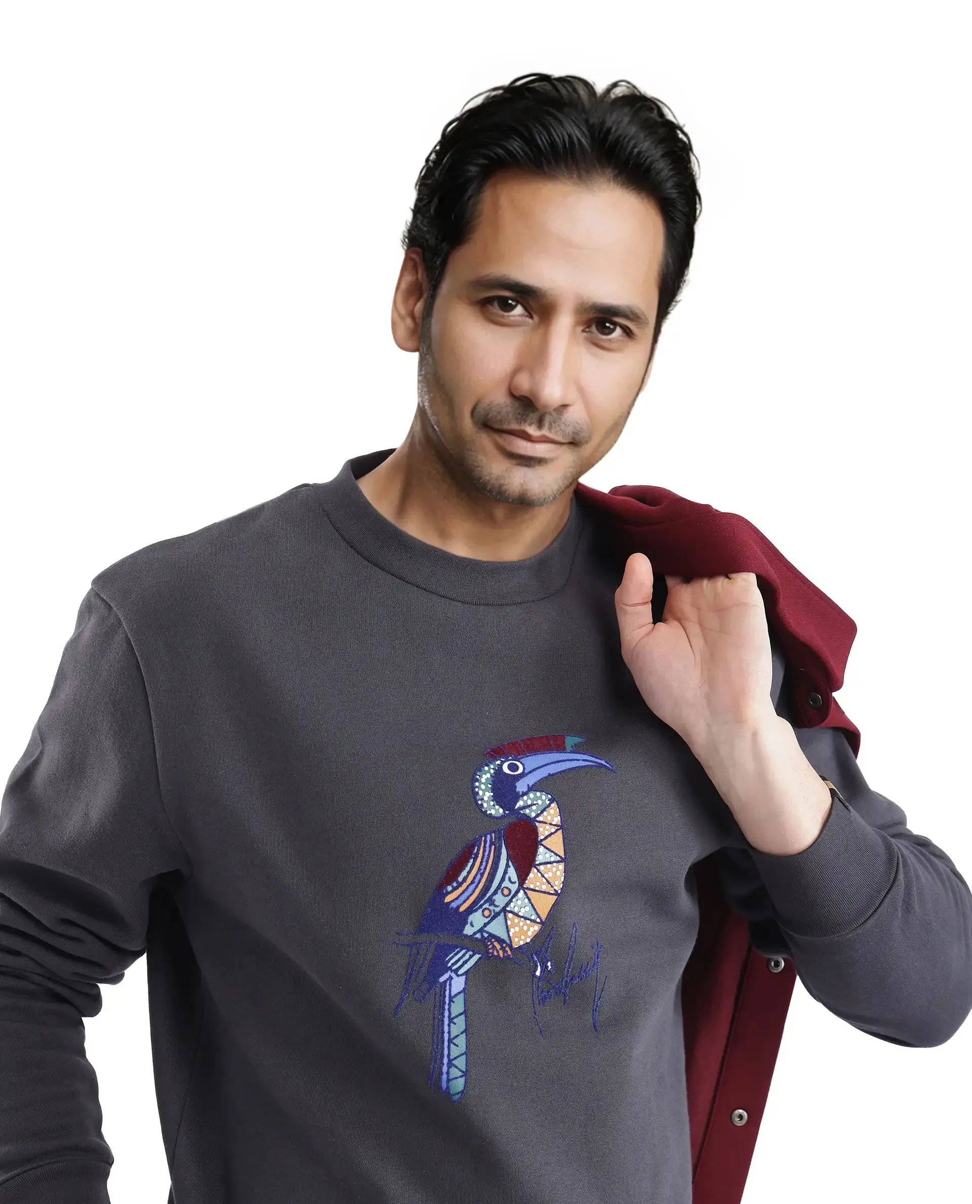 Rare Rabbit Men Nantes Dark Grey Full Sleeve Crew Neck Boxy Fit Printed Sweatshirt