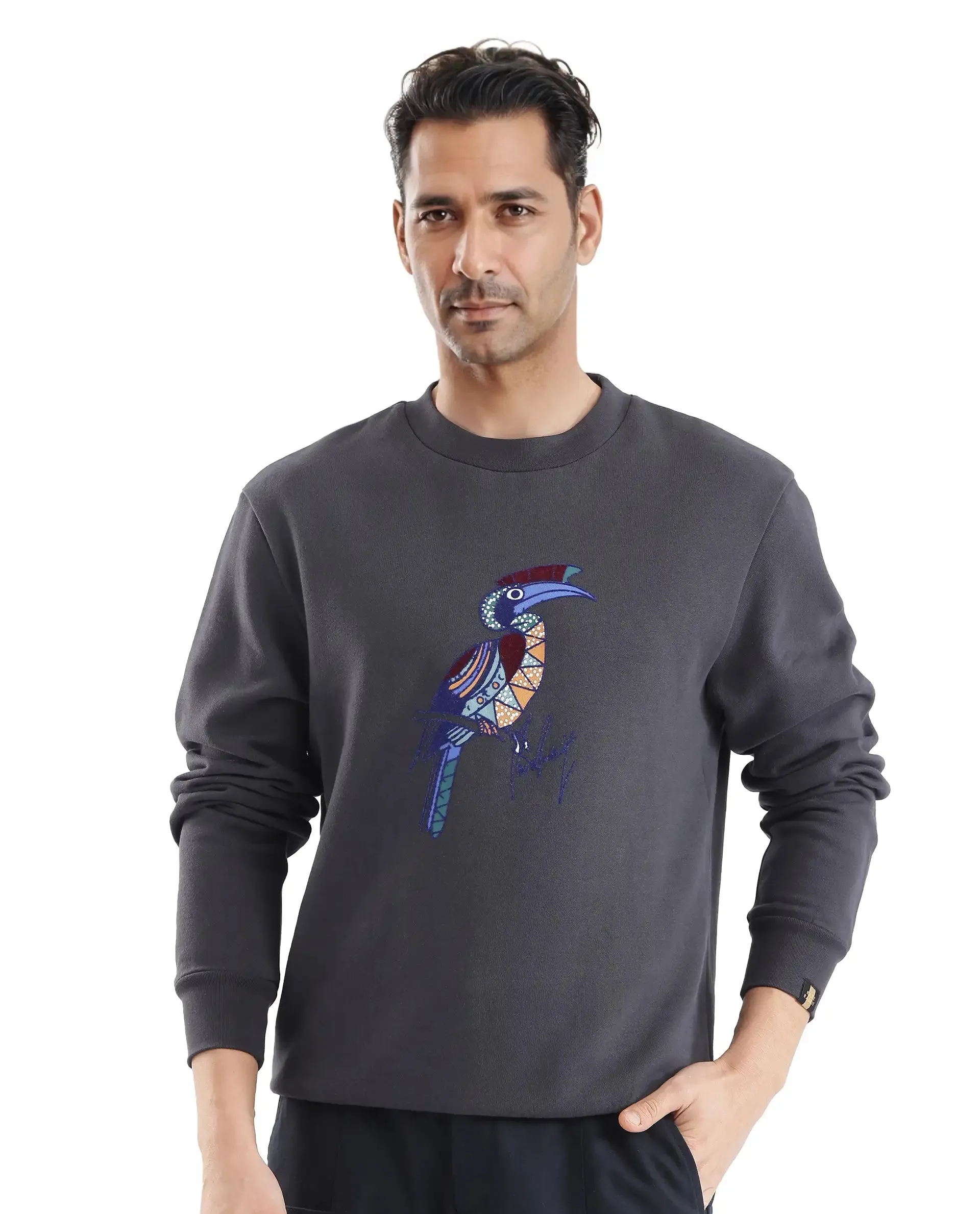 Rare Rabbit Men Nantes Dark Grey Full Sleeve Crew Neck Boxy Fit Printed Sweatshirt