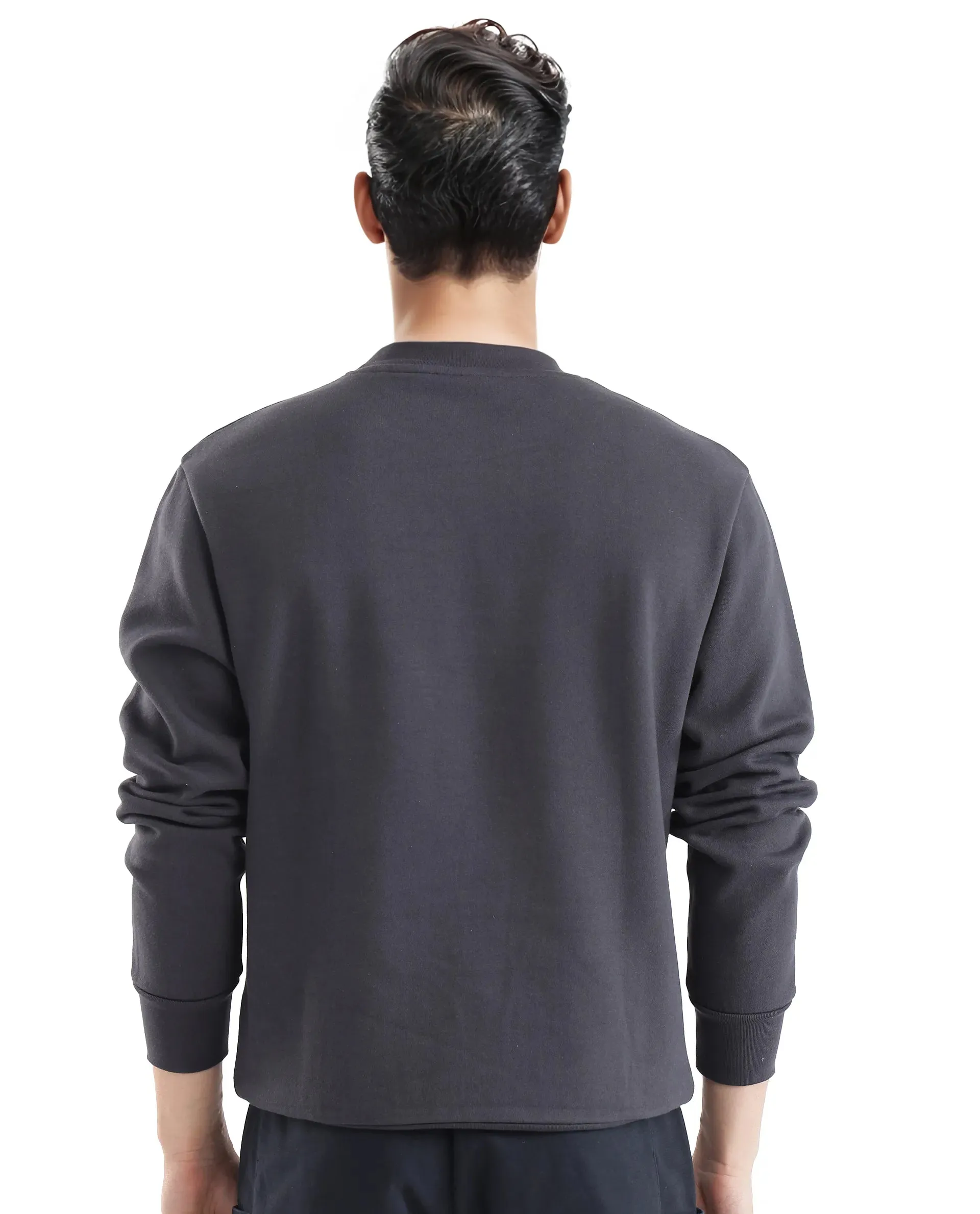 Rare Rabbit Men Nantes Dark Grey Full Sleeve Crew Neck Boxy Fit Printed Sweatshirt