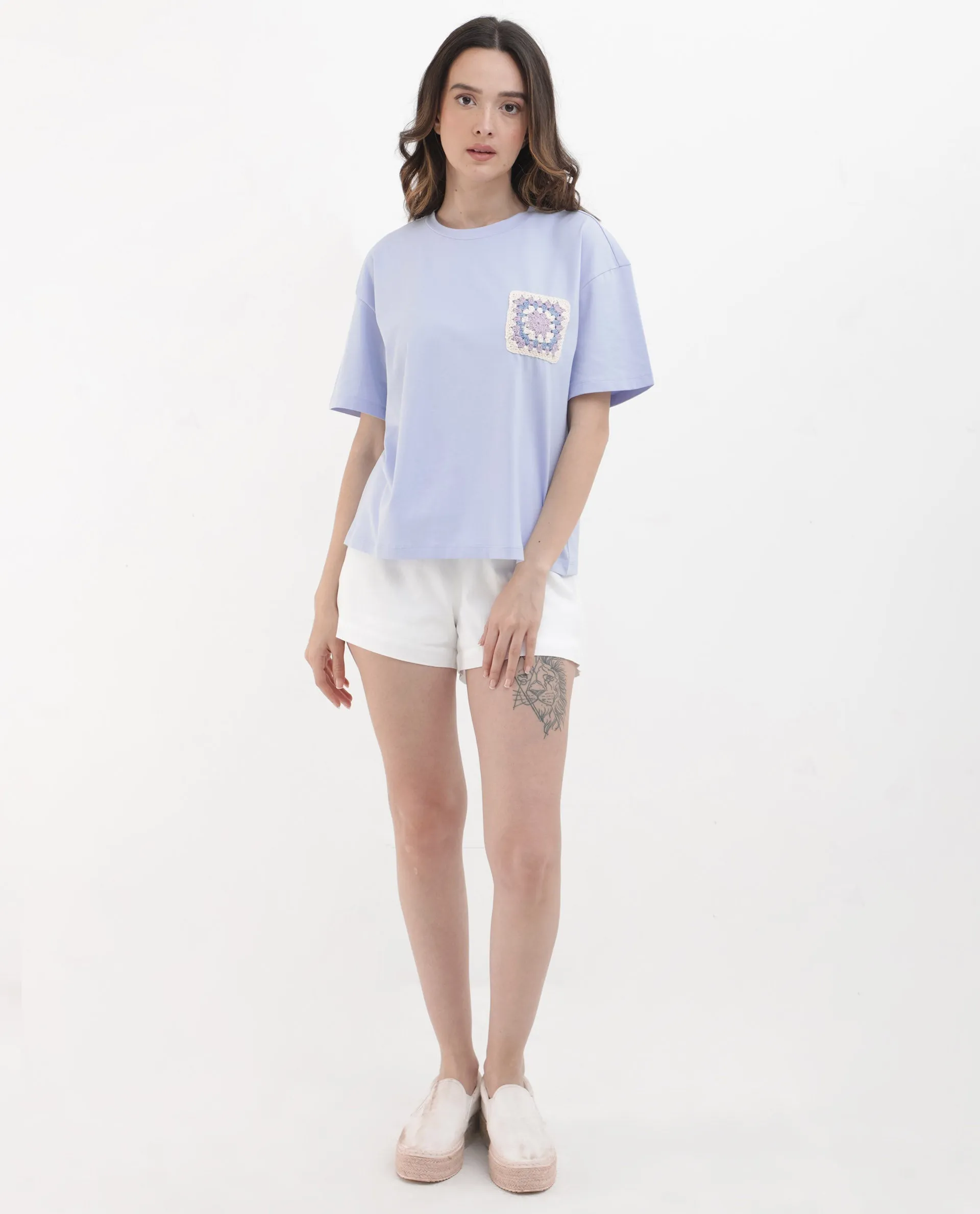 Rareism Women Poppy Light Blue Cotton Elastane Fabric Crew Neck Knit Solid T-Shirt