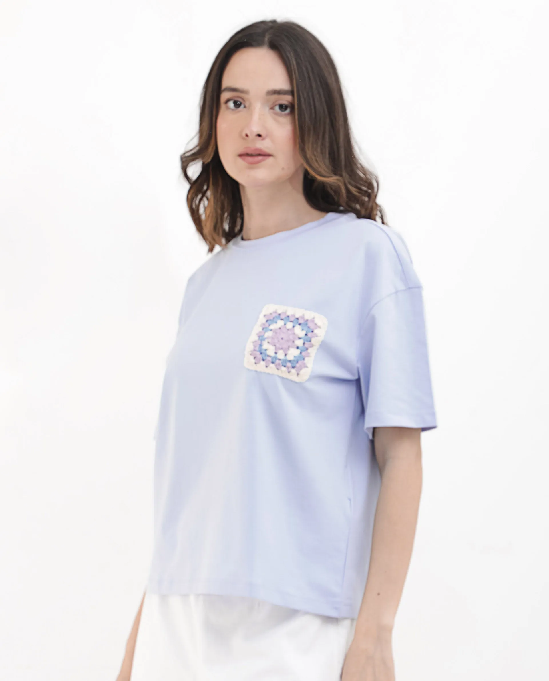 Rareism Women Poppy Light Blue Cotton Elastane Fabric Crew Neck Knit Solid T-Shirt