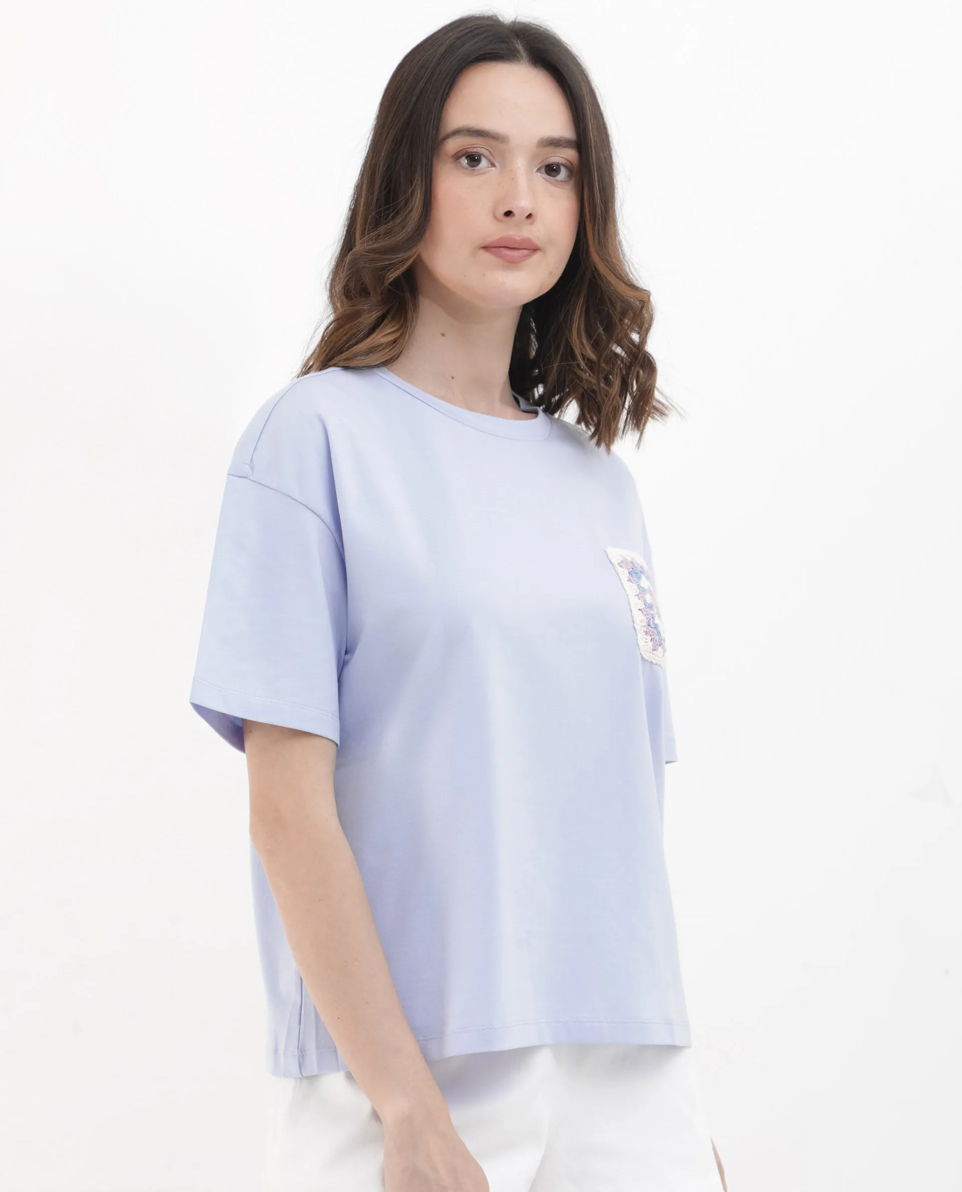 Rareism Women Poppy Light Blue Cotton Elastane Fabric Crew Neck Knit Solid T-Shirt