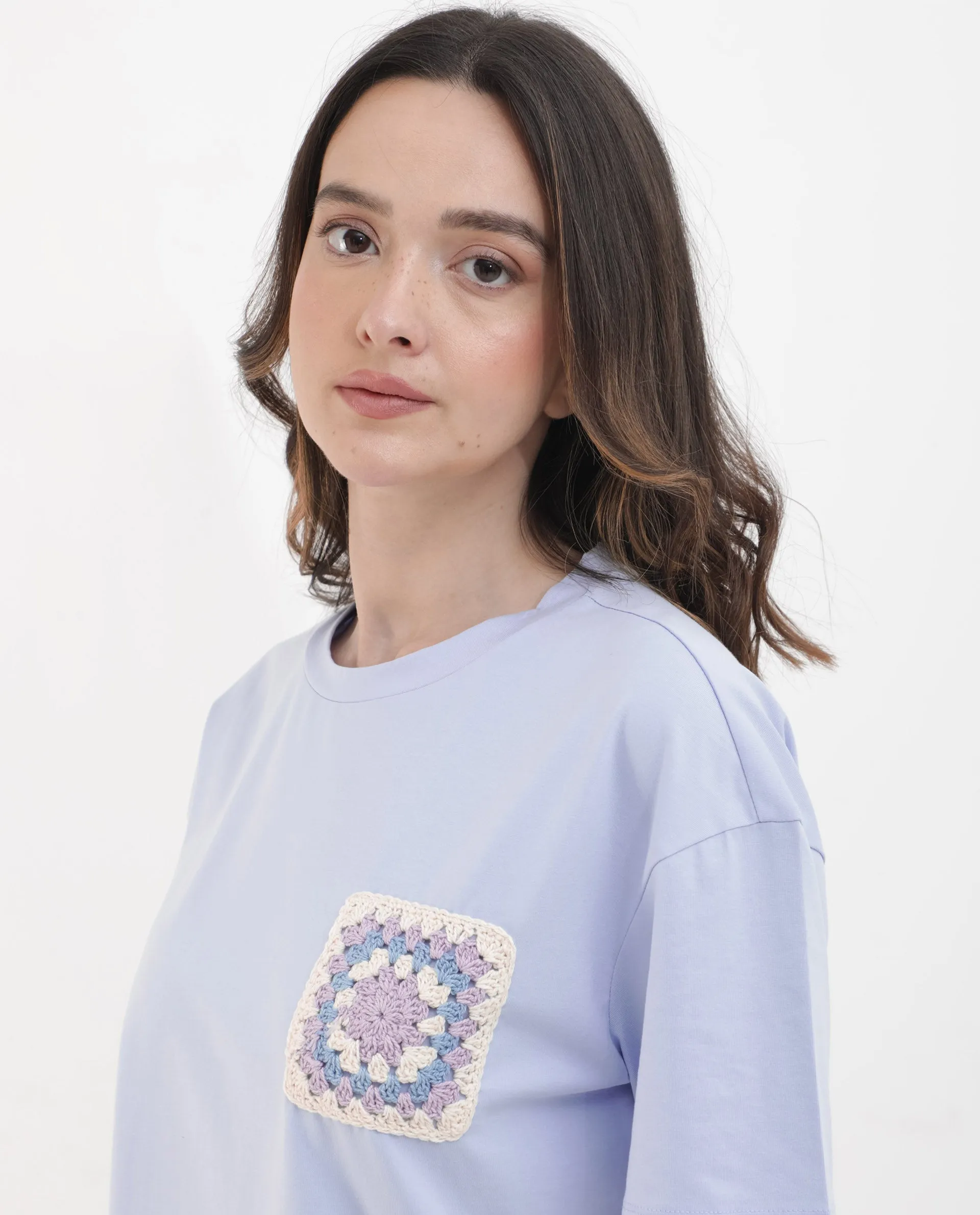 Rareism Women Poppy Light Blue Cotton Elastane Fabric Crew Neck Knit Solid T-Shirt