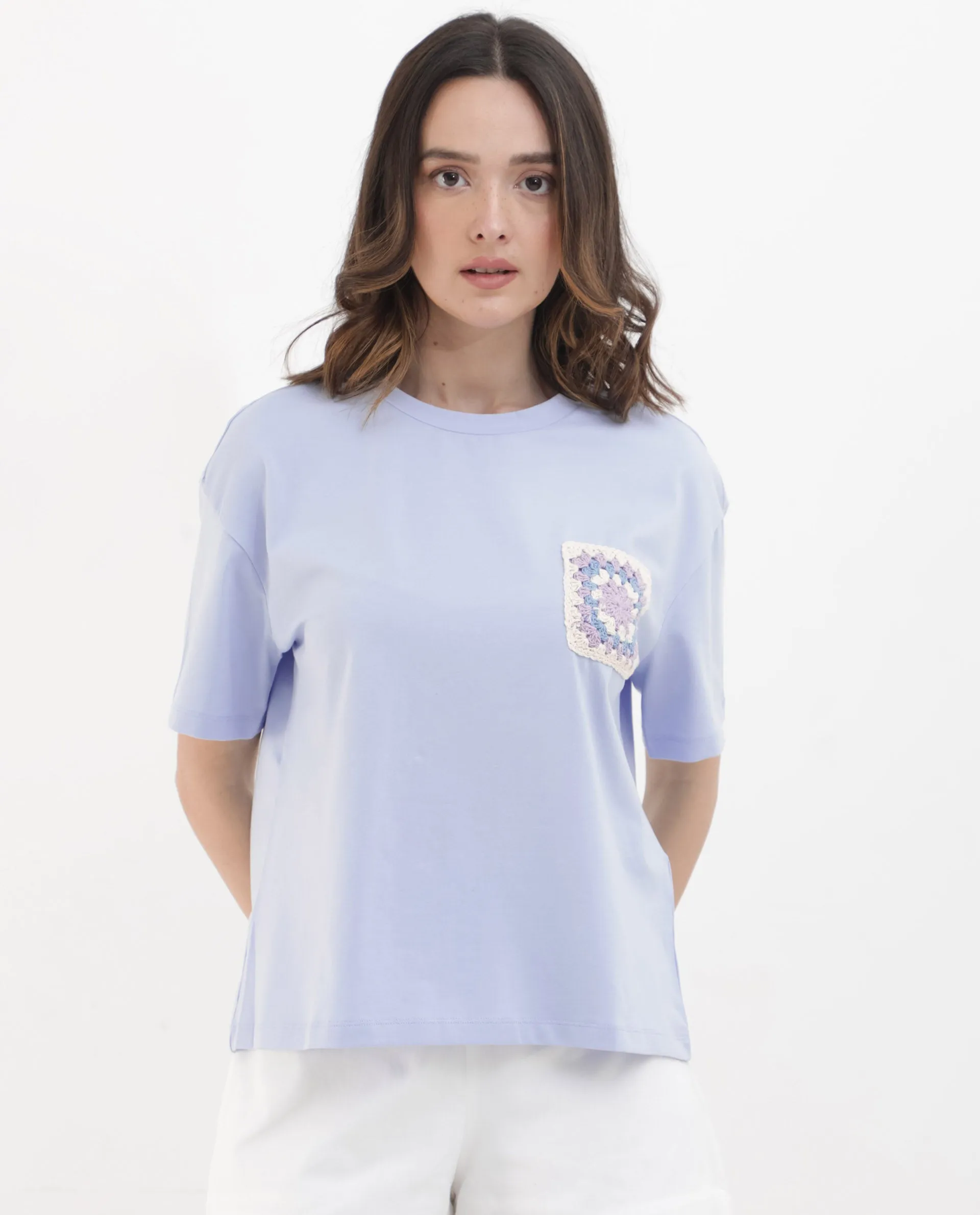 Rareism Women Poppy Light Blue Cotton Elastane Fabric Crew Neck Knit Solid T-Shirt