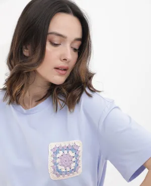 Rareism Women Poppy Light Blue Cotton Elastane Fabric Crew Neck Knit Solid T-Shirt