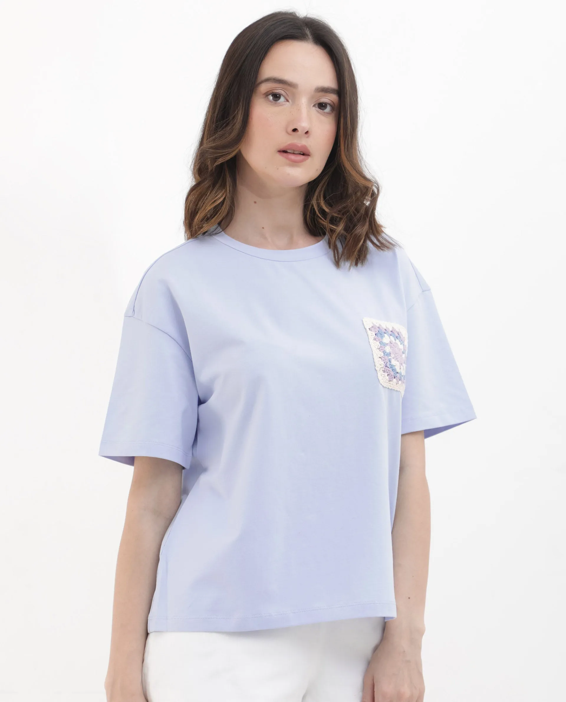 Rareism Women Poppy Light Blue Cotton Elastane Fabric Crew Neck Knit Solid T-Shirt