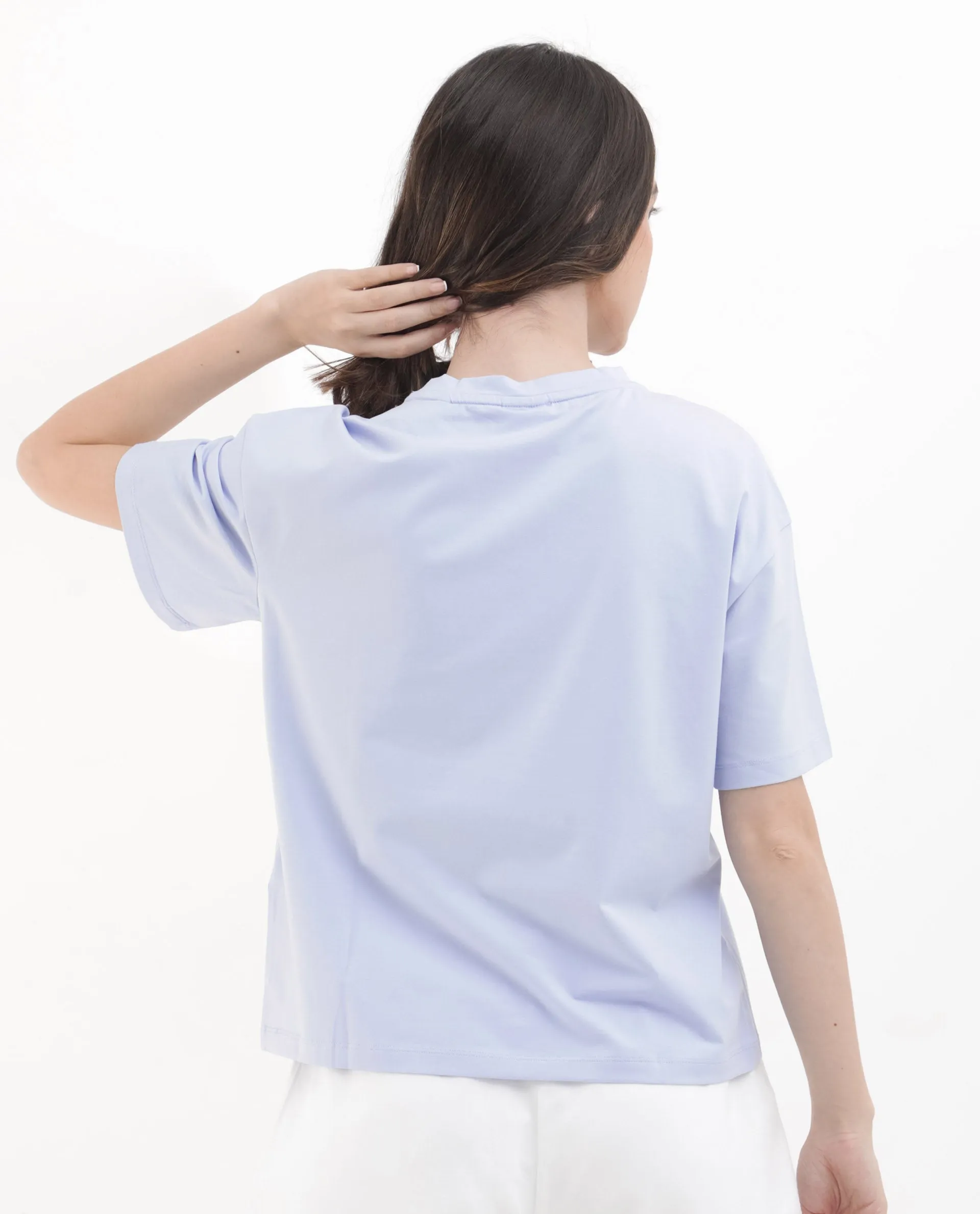 Rareism Women Poppy Light Blue Cotton Elastane Fabric Crew Neck Knit Solid T-Shirt