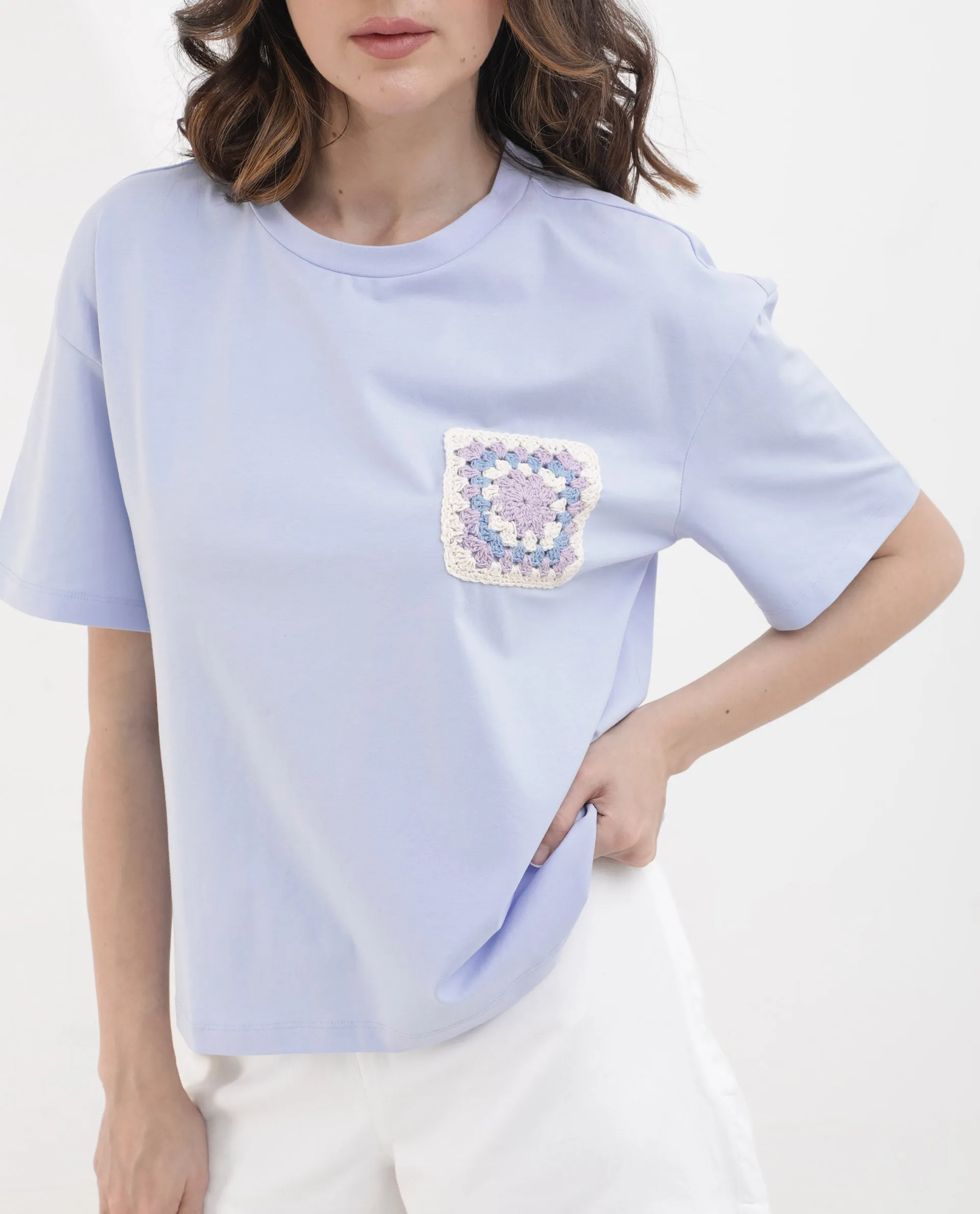 Rareism Women Poppy Light Blue Cotton Elastane Fabric Crew Neck Knit Solid T-Shirt