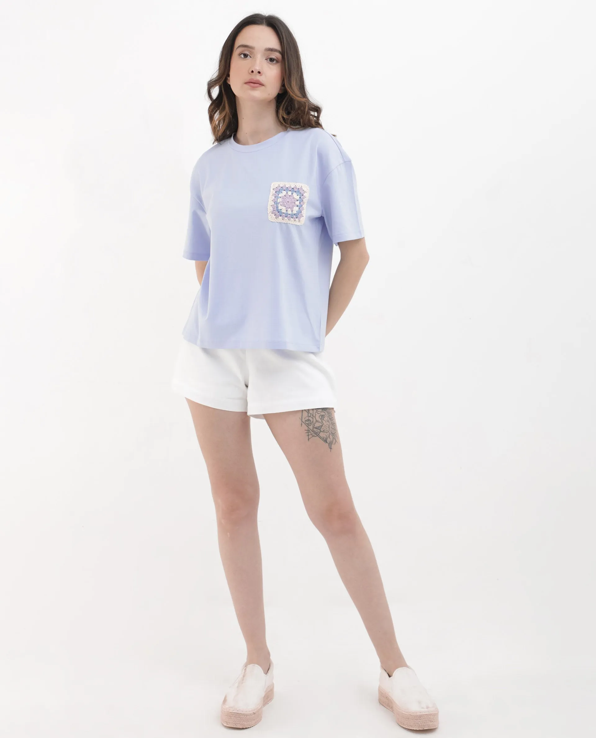 Rareism Women Poppy Light Blue Cotton Elastane Fabric Crew Neck Knit Solid T-Shirt