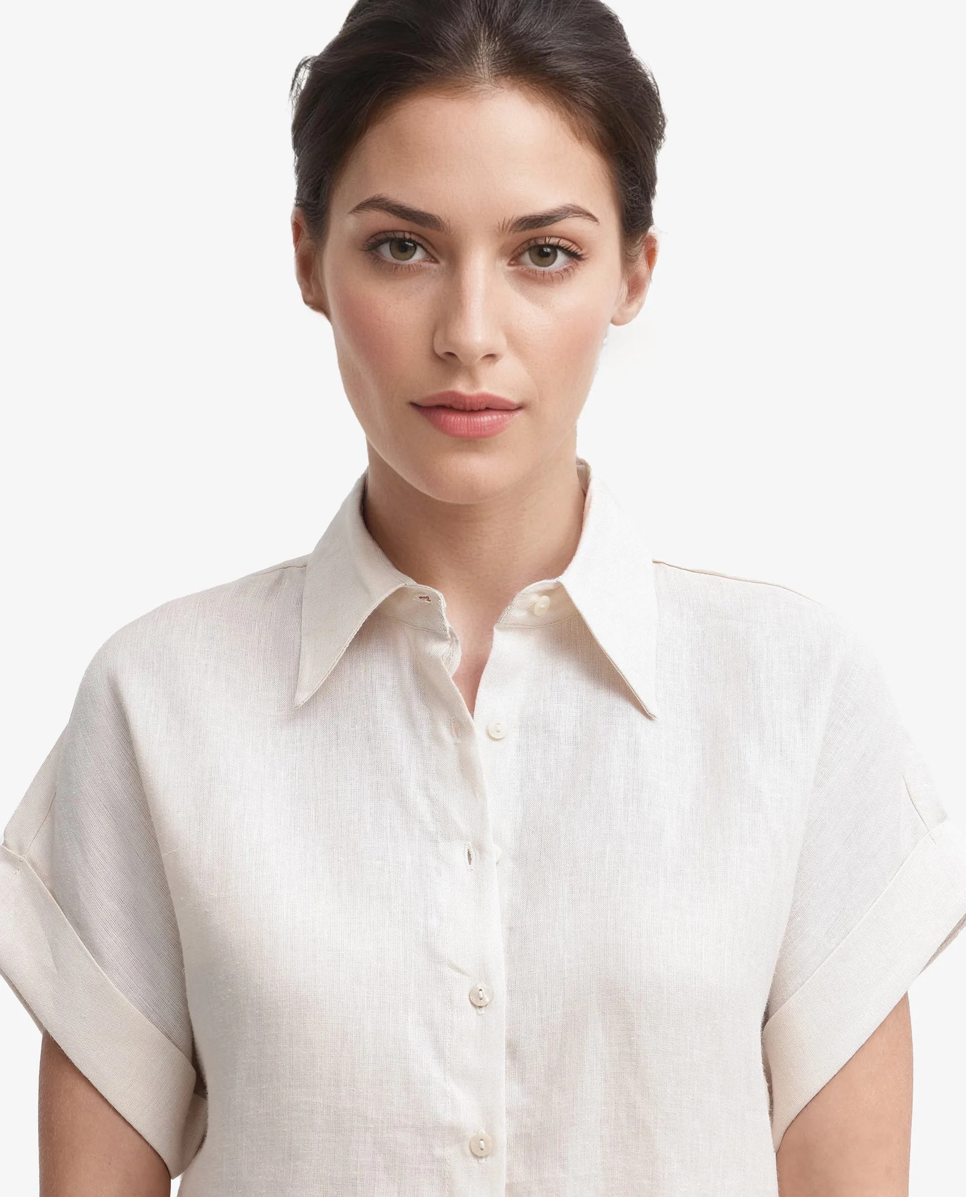Rareism Women Venezuela Beige Cotton Linen Fabric Collared Neck Solid Boxy Fit Shirt