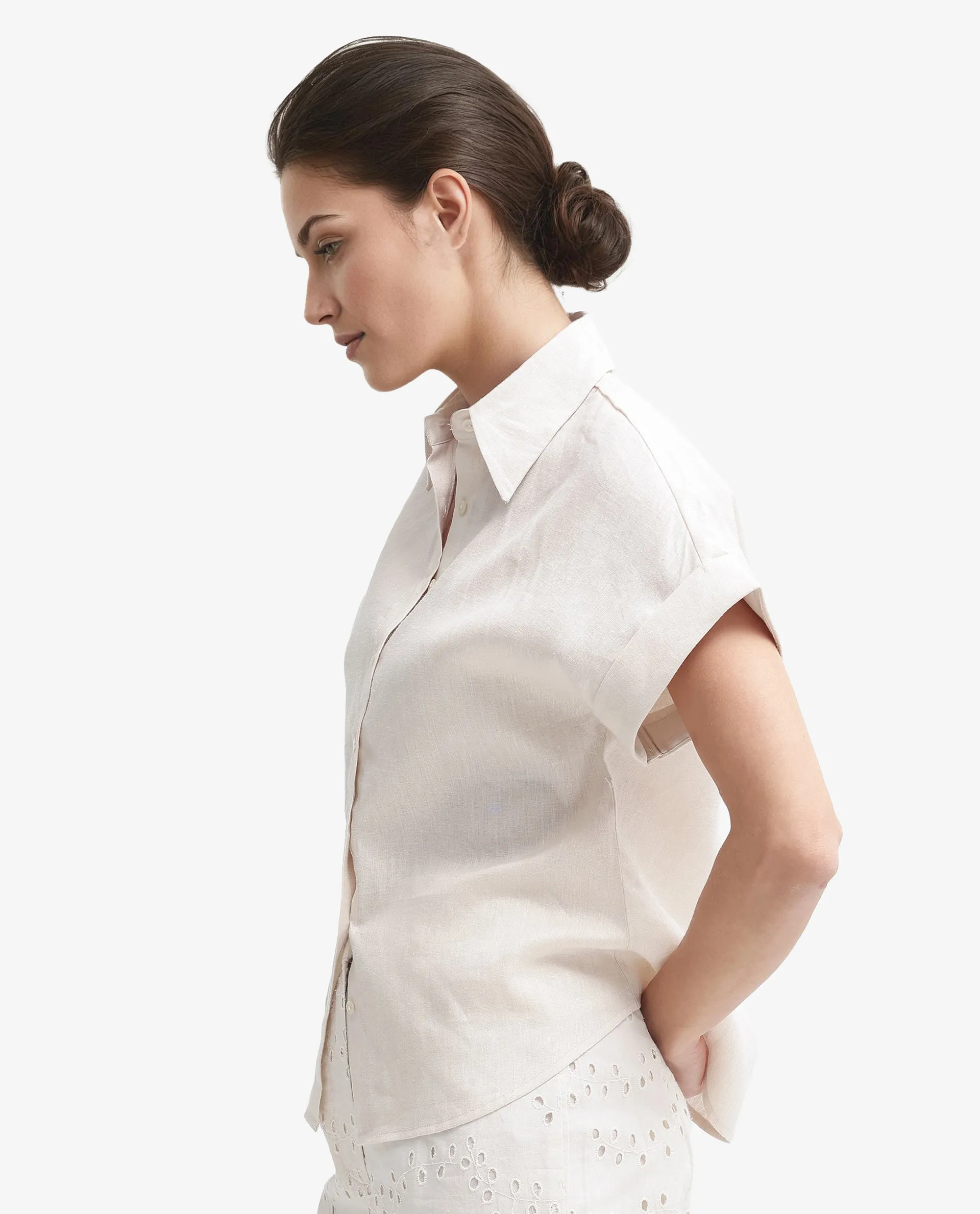 Rareism Women Venezuela Beige Cotton Linen Fabric Collared Neck Solid Boxy Fit Shirt