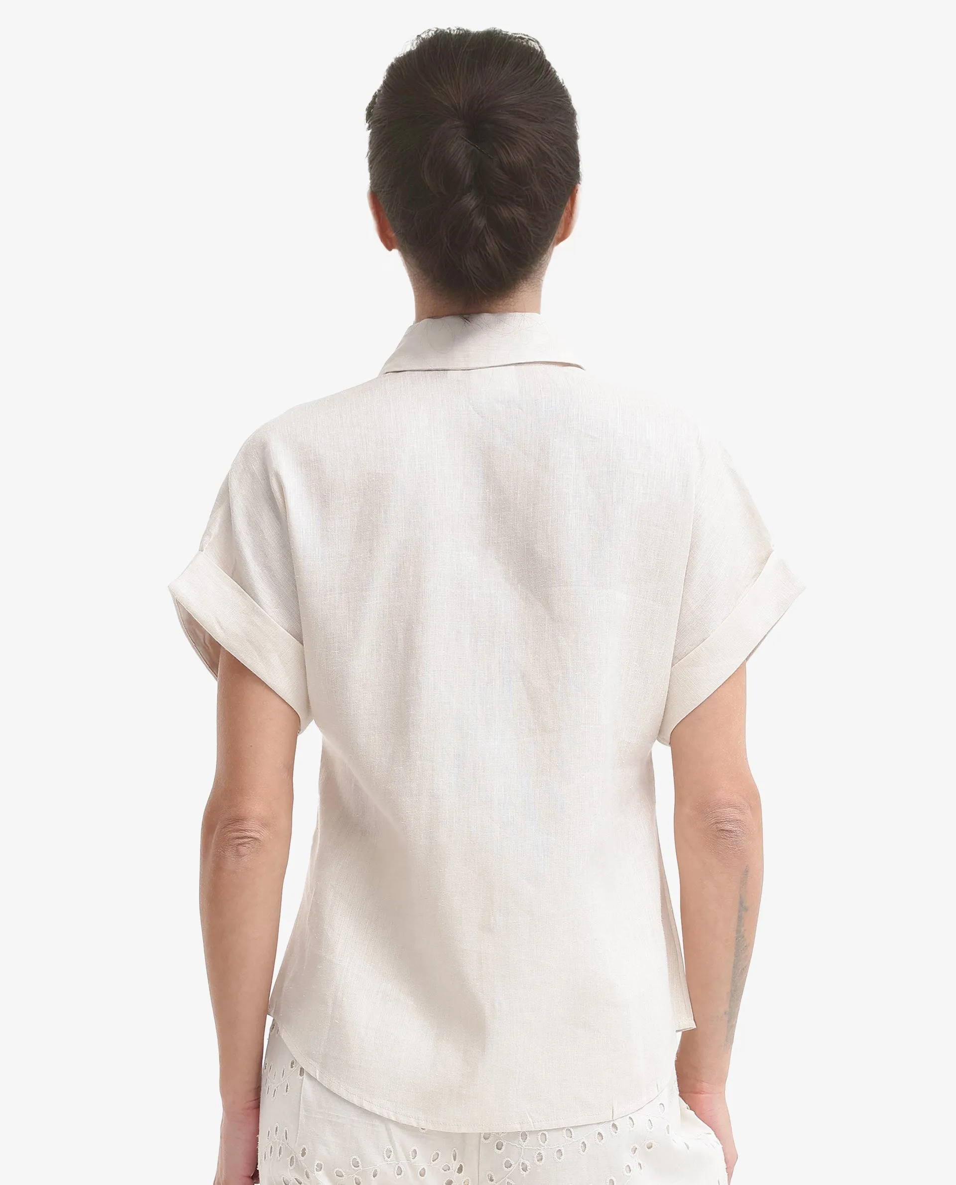 Rareism Women Venezuela Beige Cotton Linen Fabric Collared Neck Solid Boxy Fit Shirt