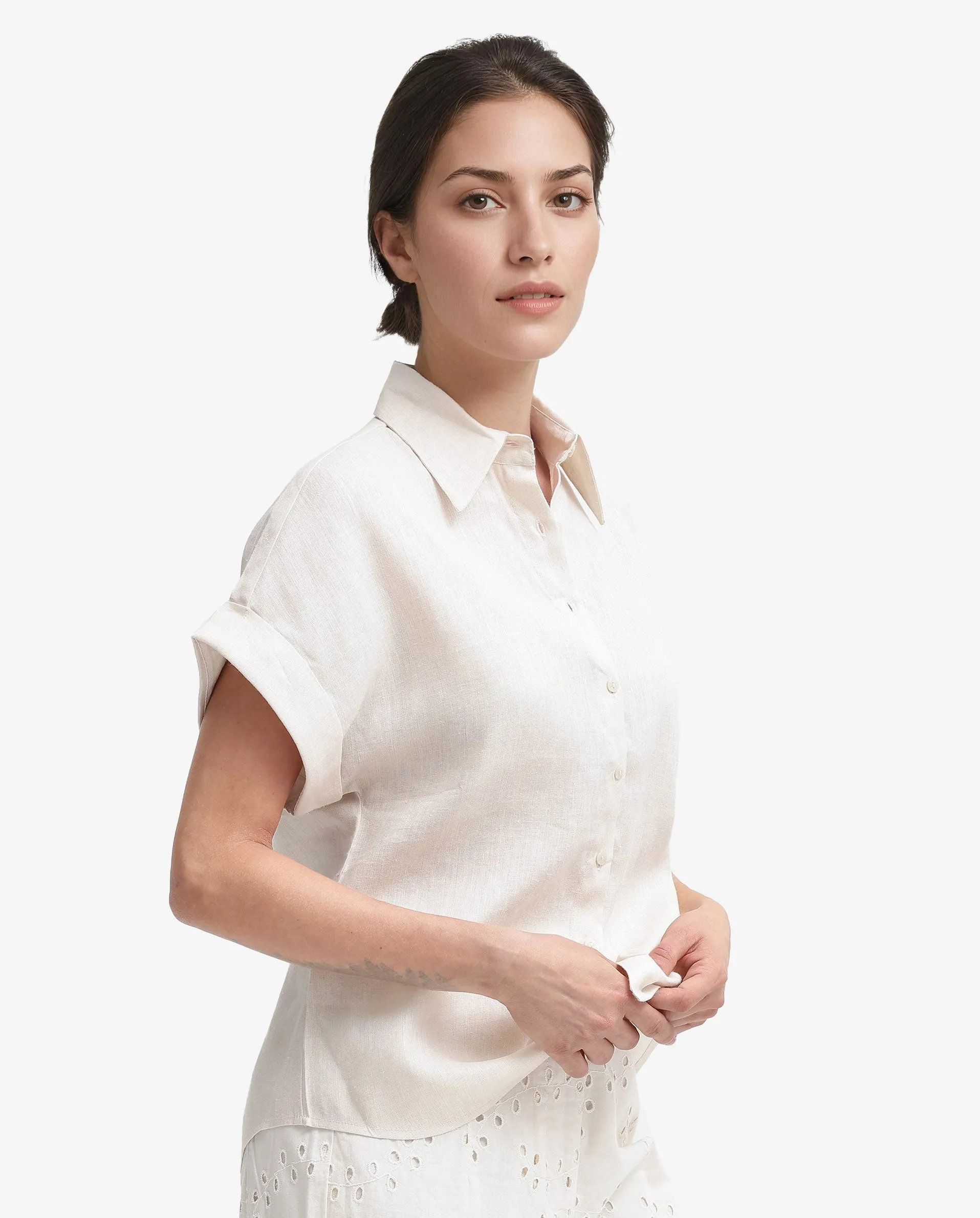 Rareism Women Venezuela Beige Cotton Linen Fabric Collared Neck Solid Boxy Fit Shirt